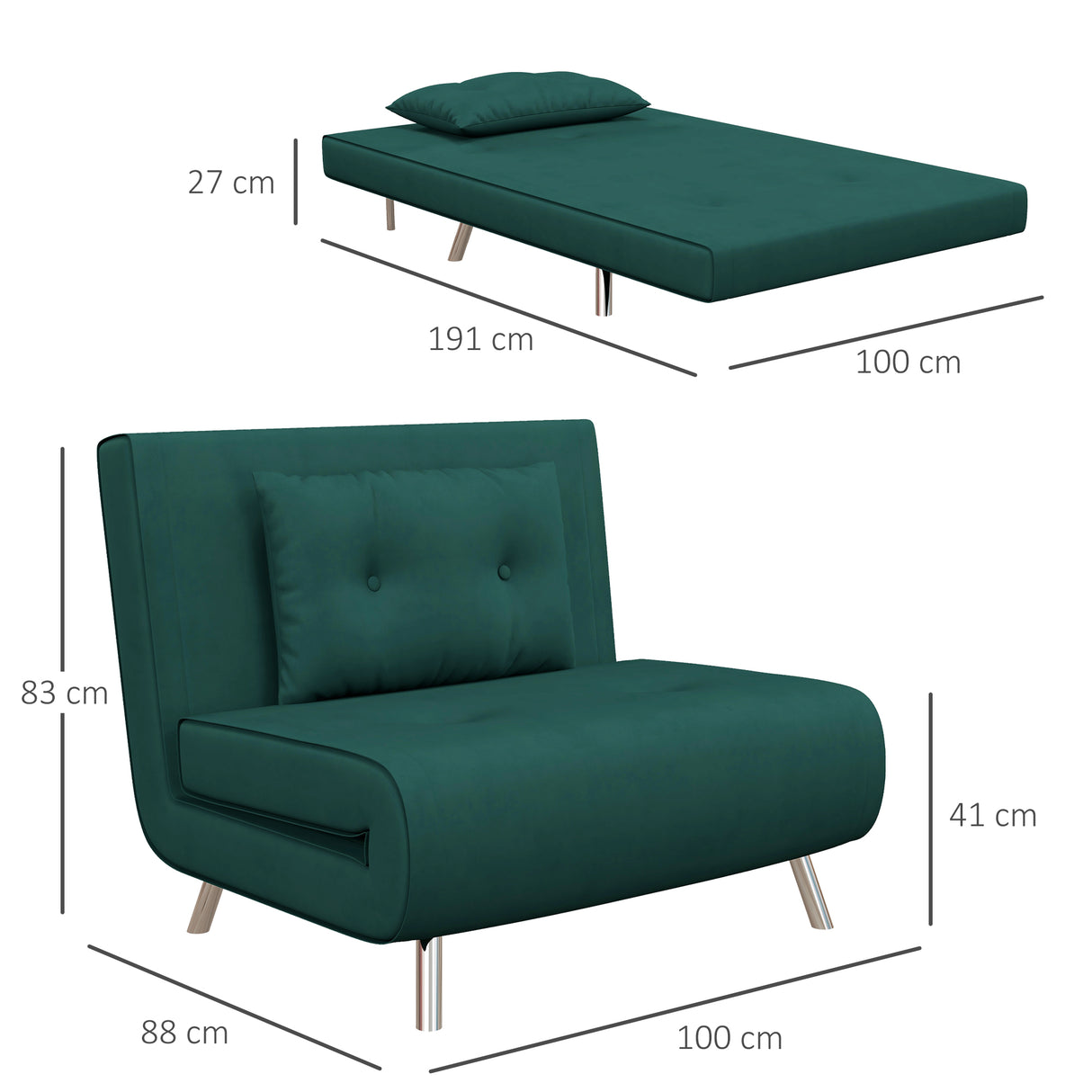 easycomfort easycomfort poltrona letto singolo con schienale reclinabile in velluto 100x88x83cm verde scuro