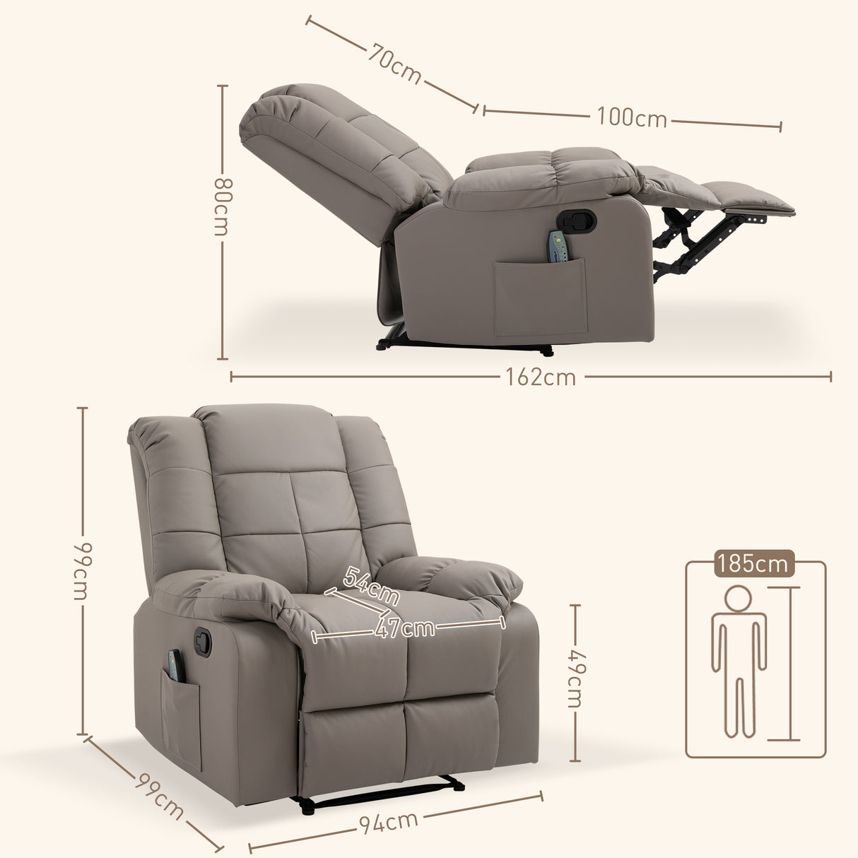 easycomfort easycomfort poltrona relax con 8 punti massaggio e reclinazione a 165 in finta pelle grigio