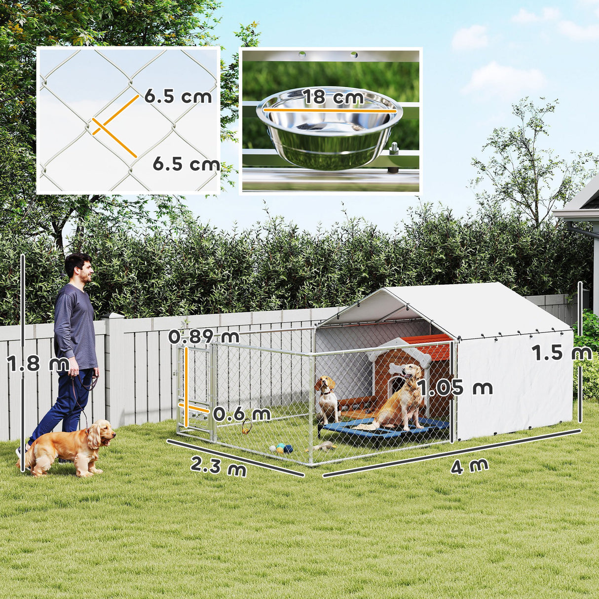 easycomfort easycomfort recinto per cani con coperture e ciotole girevoli in acciaio e tessuto oxford 4x2 3x1 5 m argento