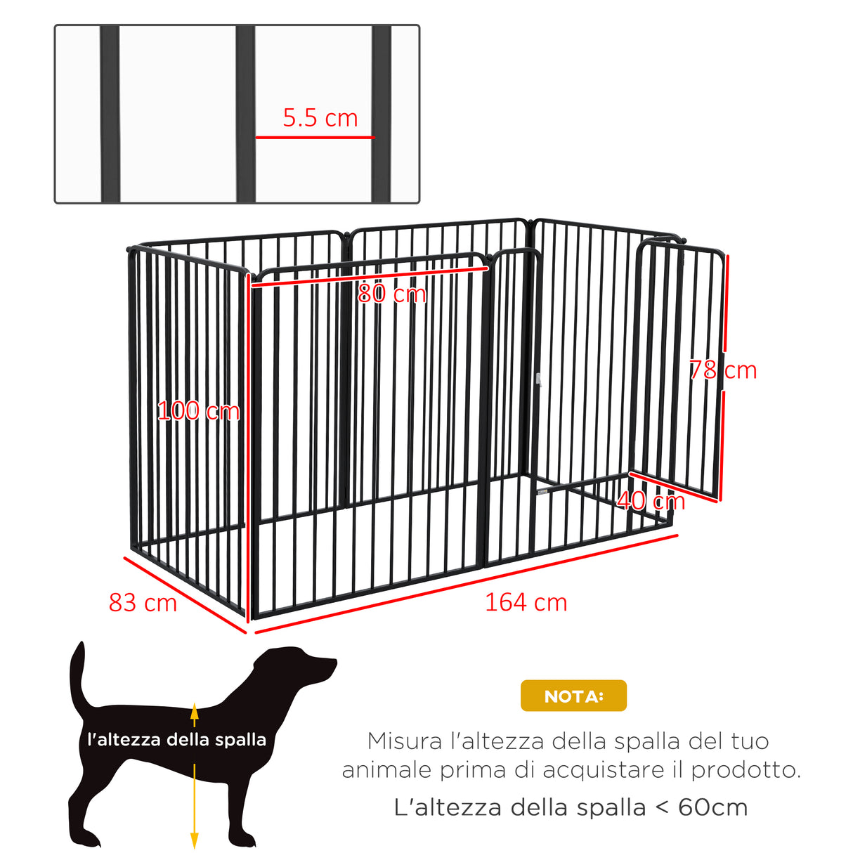 easycomfort easycomfort recinto per cani grandi a 6 pannelli modulabili in acciaio 164x83x100 cm nero