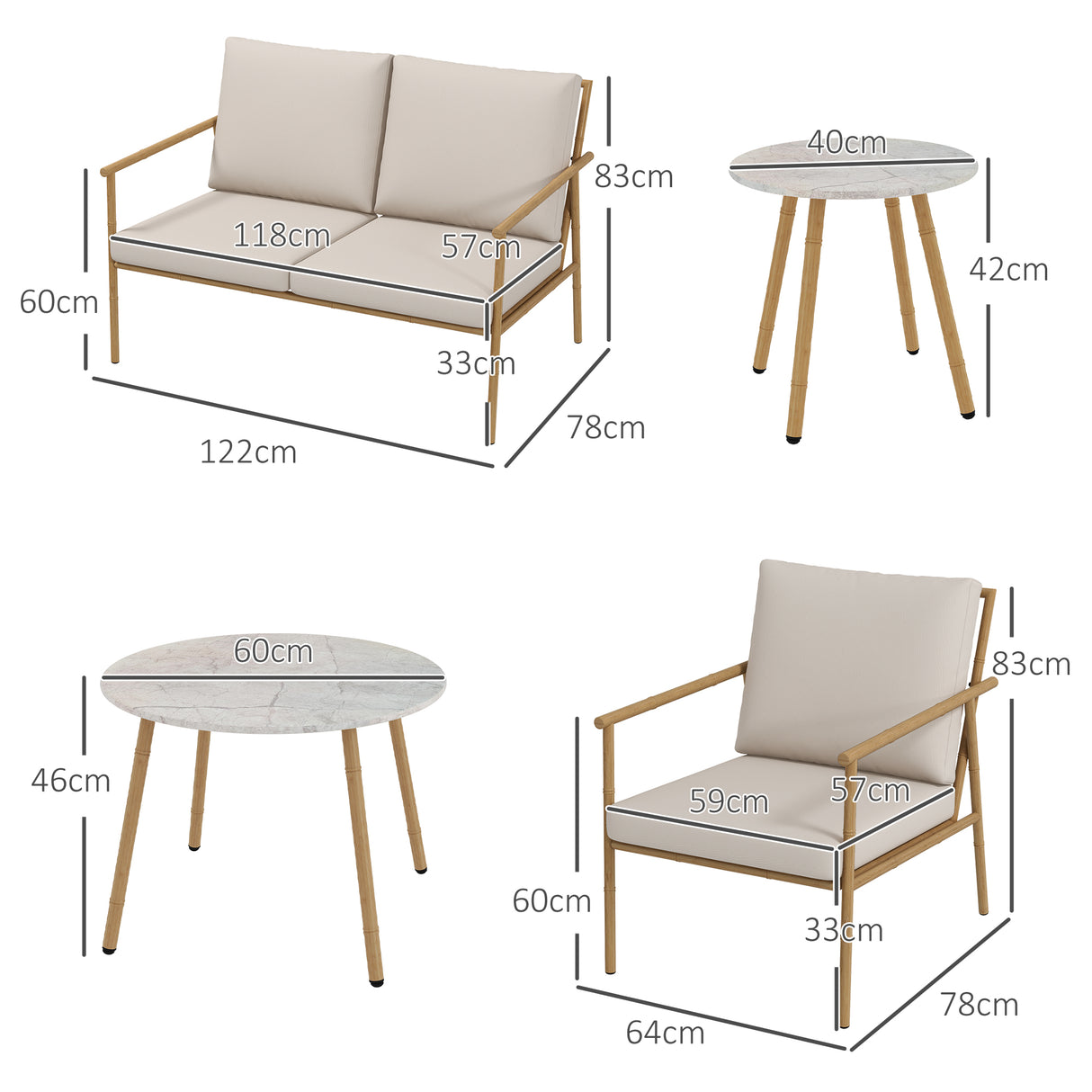 easycomfort easycomfort salotto da giardino con divano 2 poltroncine e 2 tavolini effetto bambu con cuscini marrone