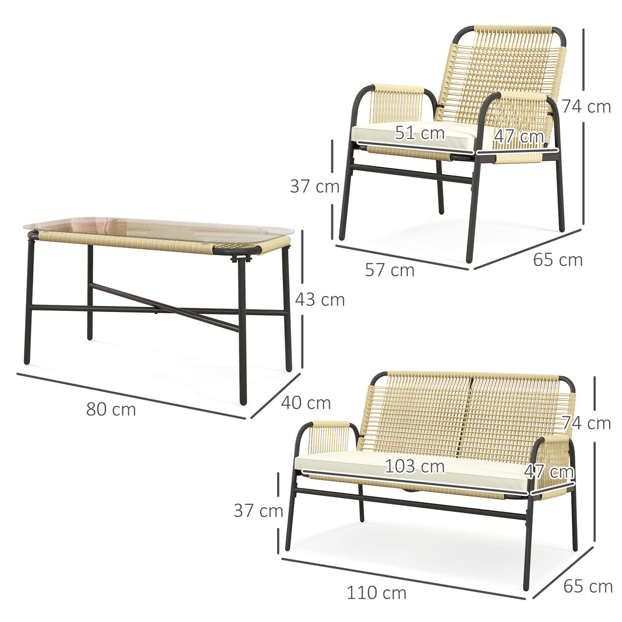 easycomfort easycomfort salotto da giardino in rattan pe con divanetto e 2 poltrone con cuscini tavolino in vetro giallo