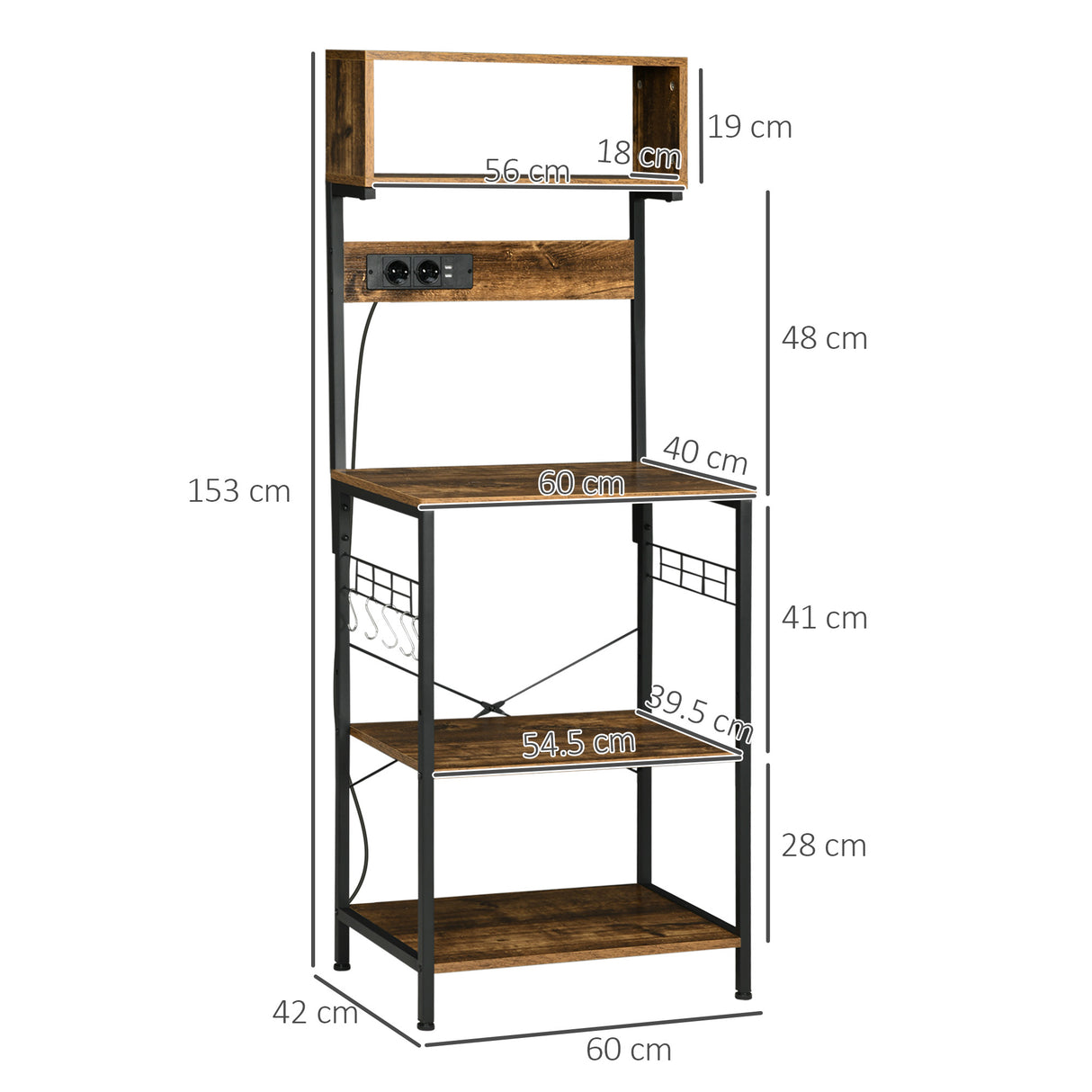 easycomfort easycomfort scaffale cucina con multipresa ripiani e ganci stile industriale 60x42x153cm marrone