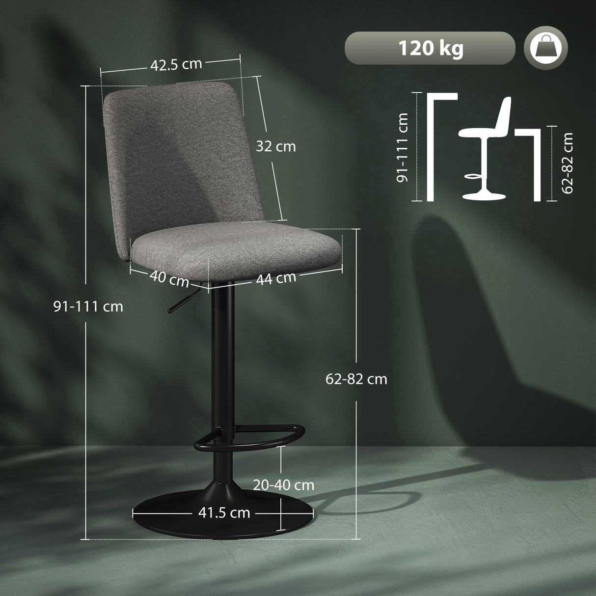 easycomfort easycomfort set 2 sgabelli da bar girevoli ad altezza regolabile in tessuto effetto lino 44x53x91 111 cm grigio scuro