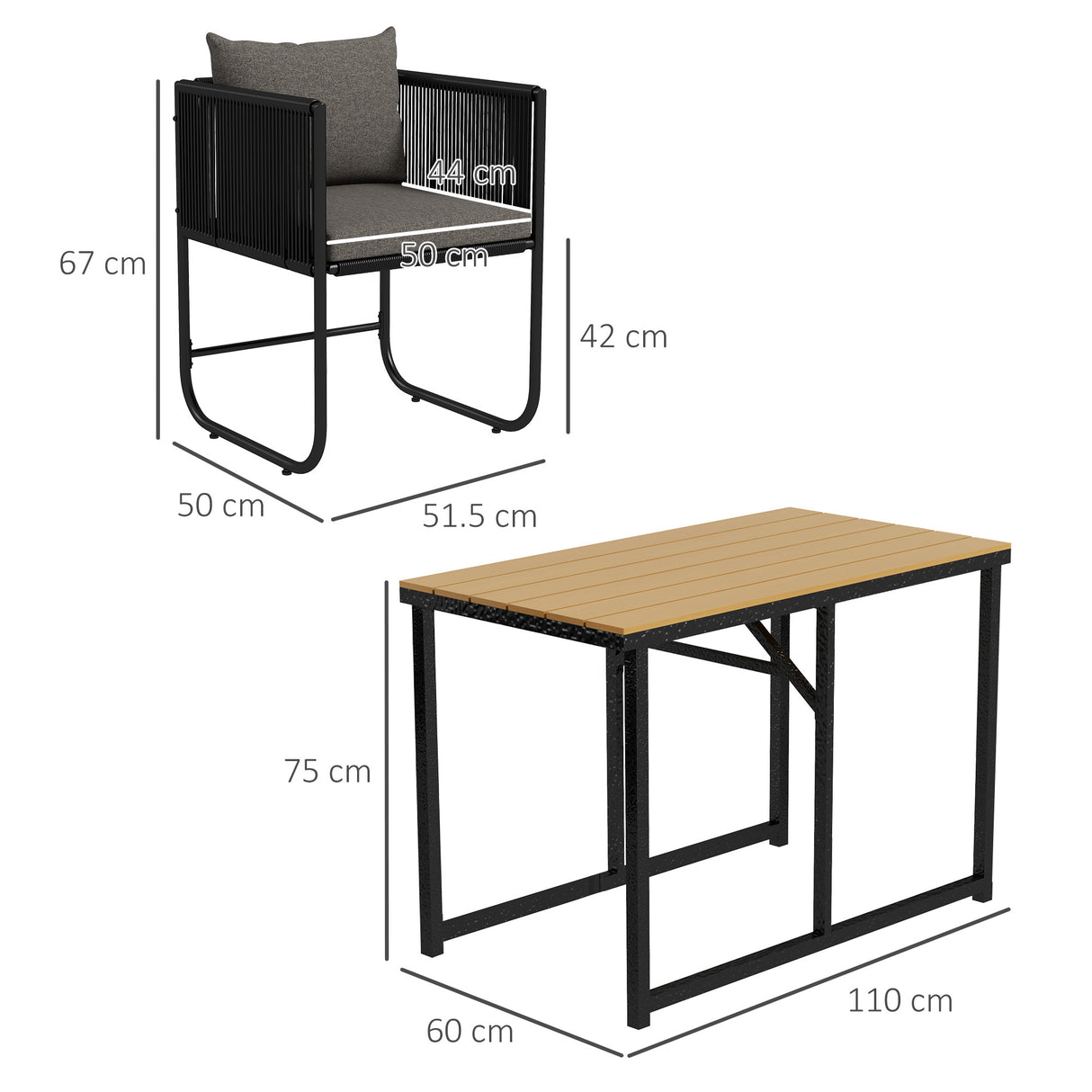 easycomfort easycomfort set da giardino 3 pezzi in rattan con 2 sedie 50x51 5x67 cm e tavolo 110x60x75 cm in legno composito