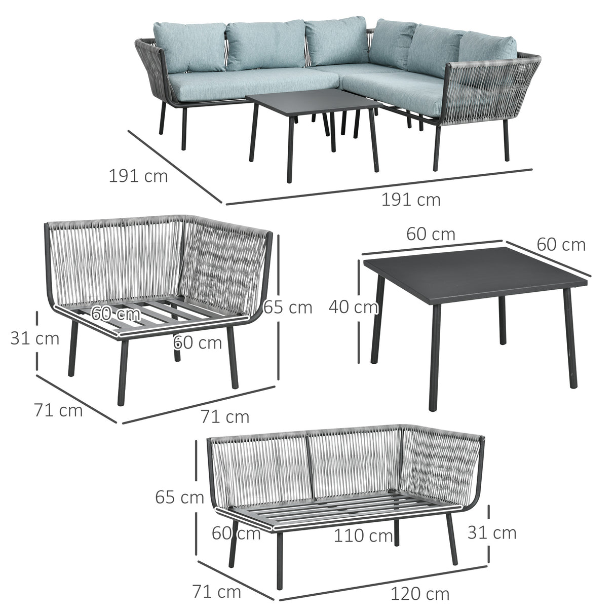 easycomfort easycomfort set da giardino 4 pezzi in rattan con tavolino da caffe 2 divani ad angolo e poltroncina nero grigio e blu
