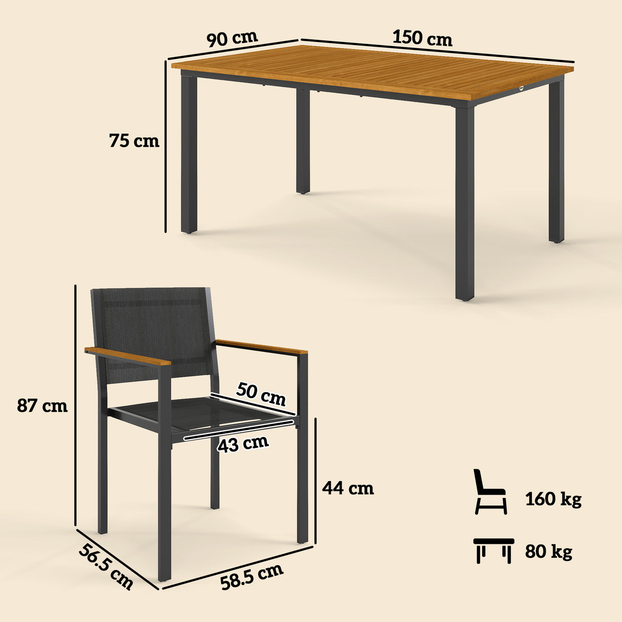 easycomfort easycomfort set da giardino 7 pezzi con tavolo da pranzo e 6 sedie impilabili con braccioli teak