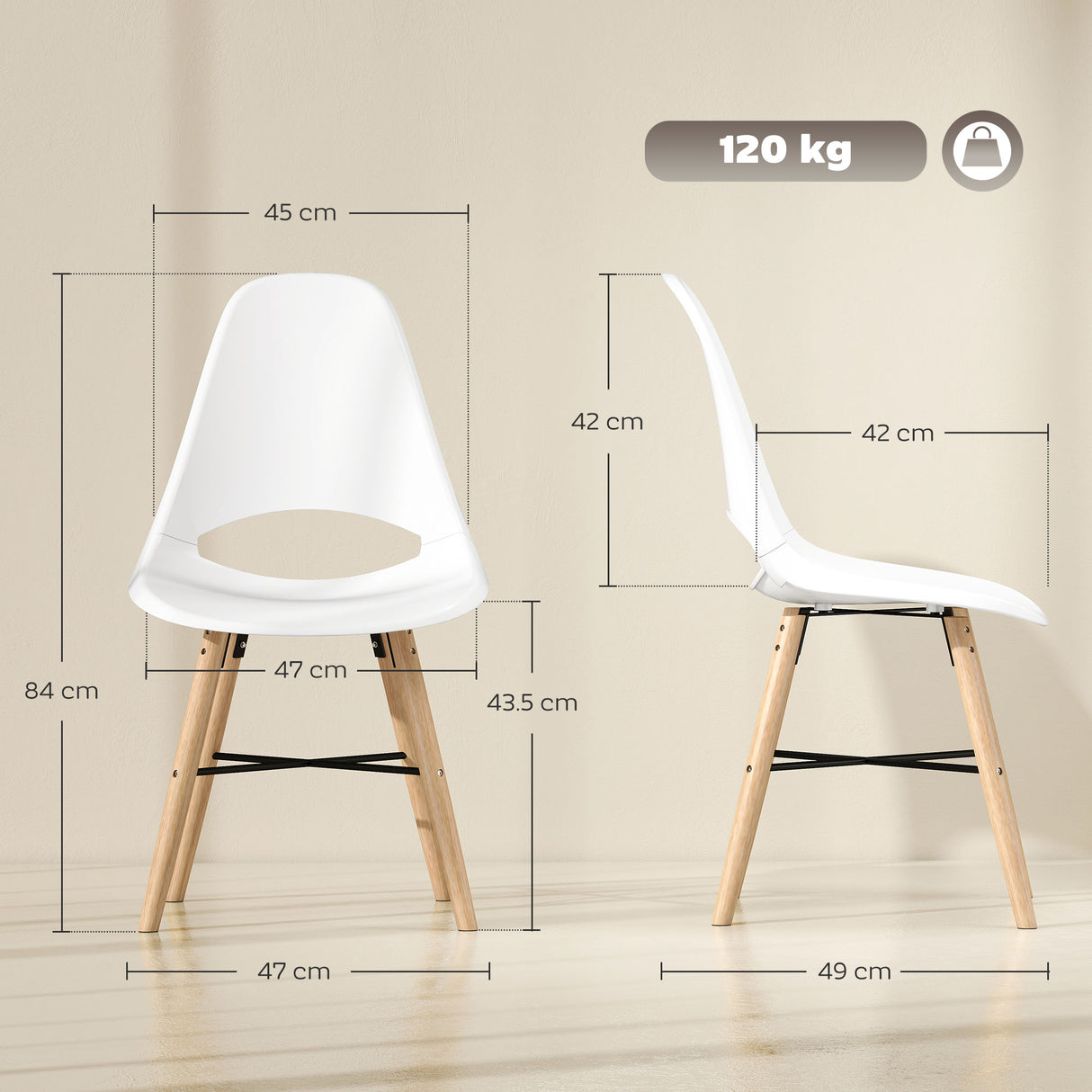 easycomfort easycomfort set di 2 sedie da pranzo in plastica e legno stile nordico con schienale curvato bianco