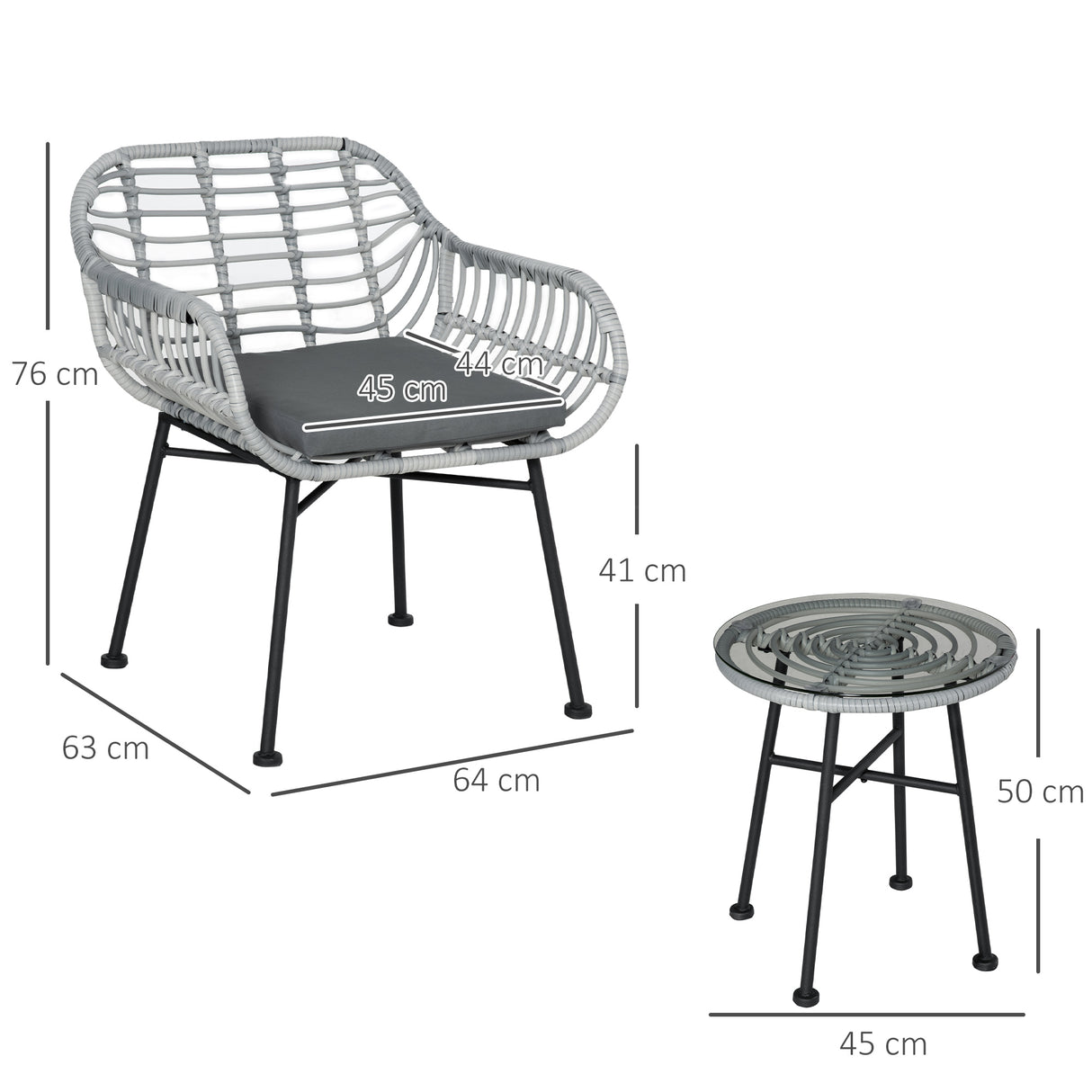 easycomfort easycomfort set mobili da giardino in rattan pe con 2 sedie e tavolino con ripiano in vetro grigio