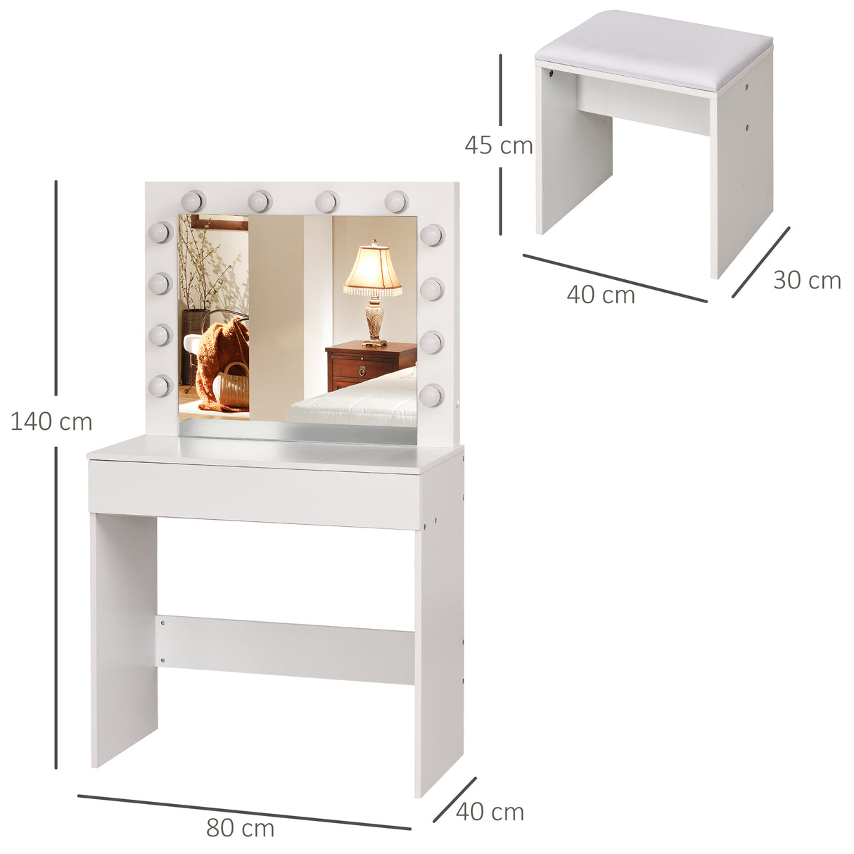 easycomfort easycomfort set tavolo da trucco toeletta con specchio 12 luci led sgabello imbottito e ampio cassetto in legno 80x40x140 cm bianco
