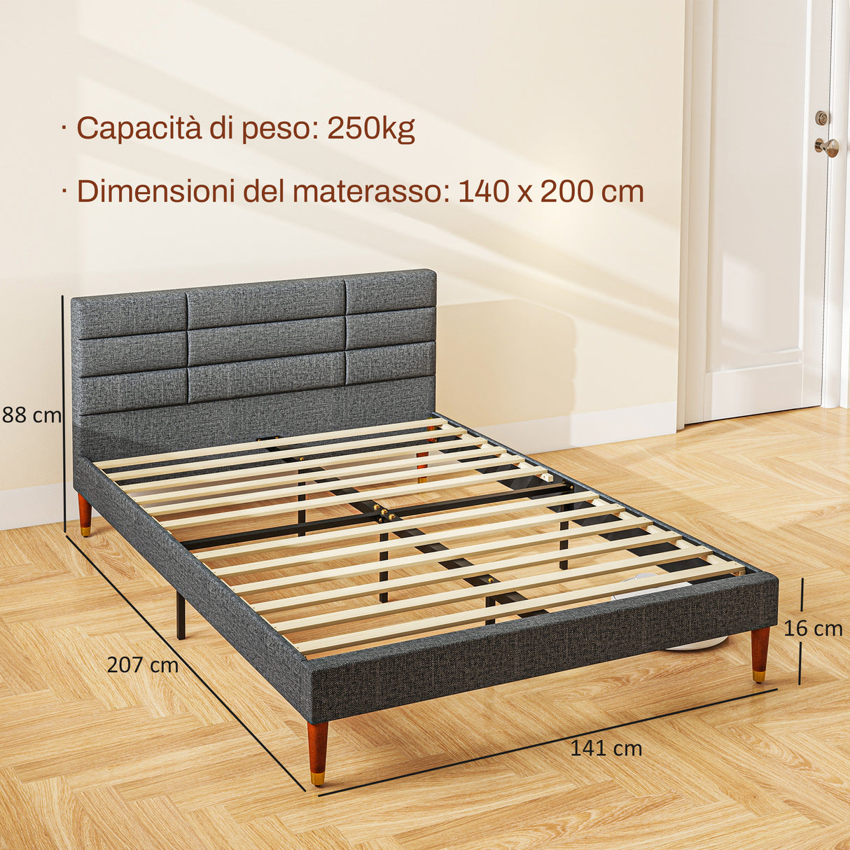 easycomfort easycomfort struttura letto con testiera per materassi matrimoniali in tessuto 141x207x88 cm grigia