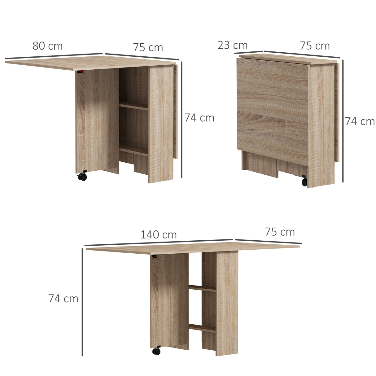 easycomfort easycomfort tavolo pieghevole con 2 ribalte per 6 persone con ripiani e rotelle integrate legno naturale