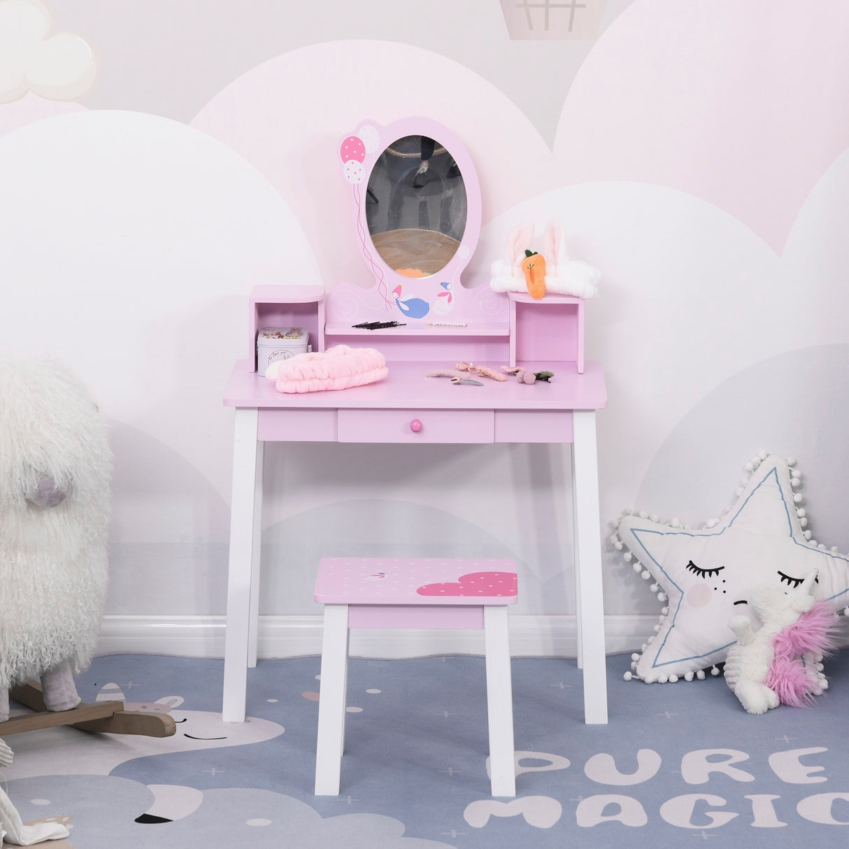 easycomfort easycomfort toeletta per bambine 3 anni in legno set tavolo da trucco giocattolo con specchio e sgabello rosa