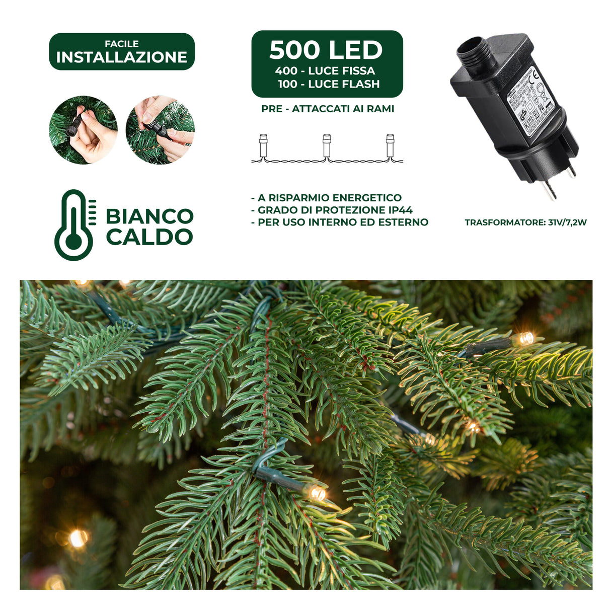 le stelle albero di natale artificiale verde h 210cm x l 150cm super folto con 500 luci led 20 luci flash incorporate e base a croce in metallo