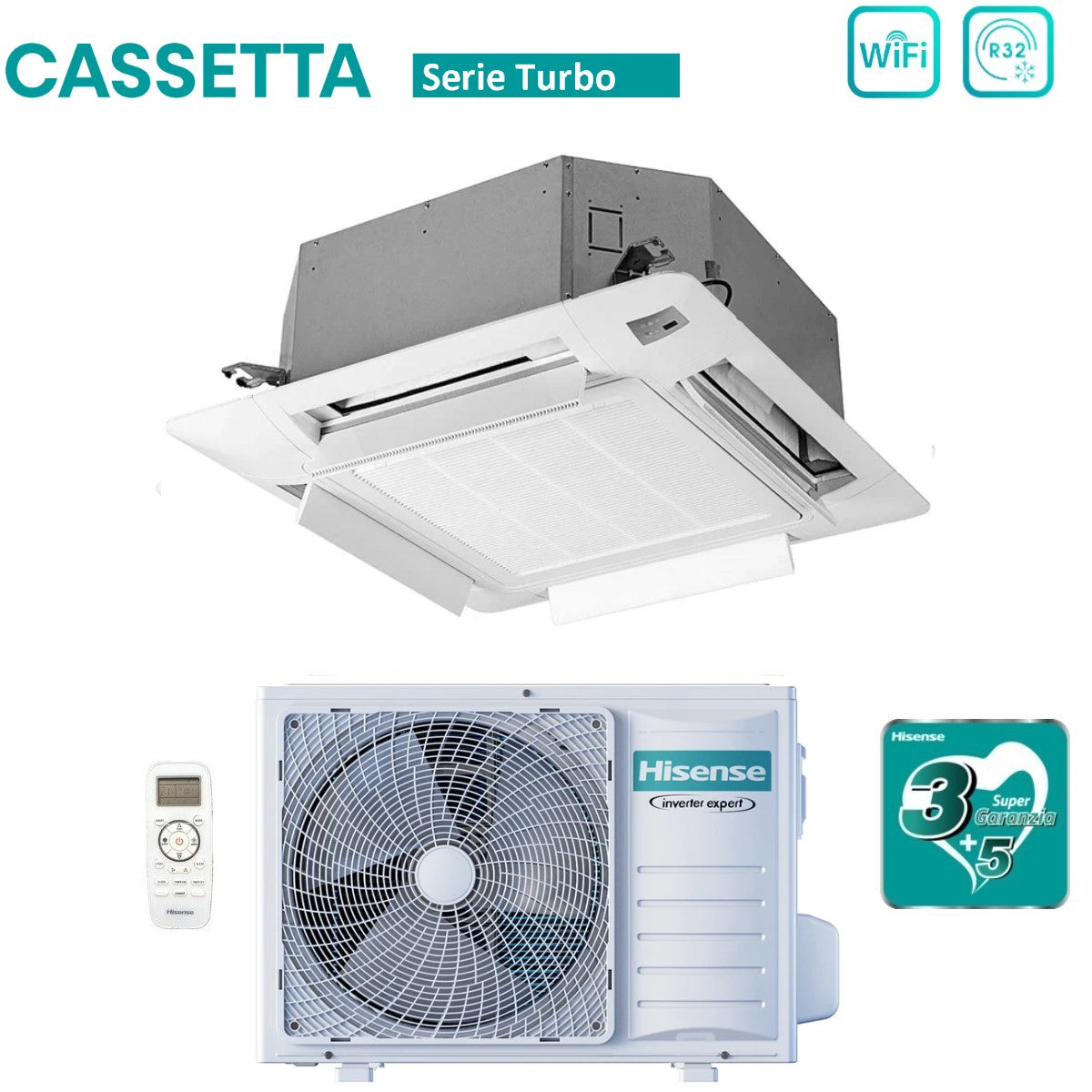 climatizzatore condizionatore hisense inverter a cassetta serie turbo 9000 btu act26ur4rcc8 _ auw26u4rs8 r 32 wi fi optional classe a__ a_ con telecomando e pannello incluso