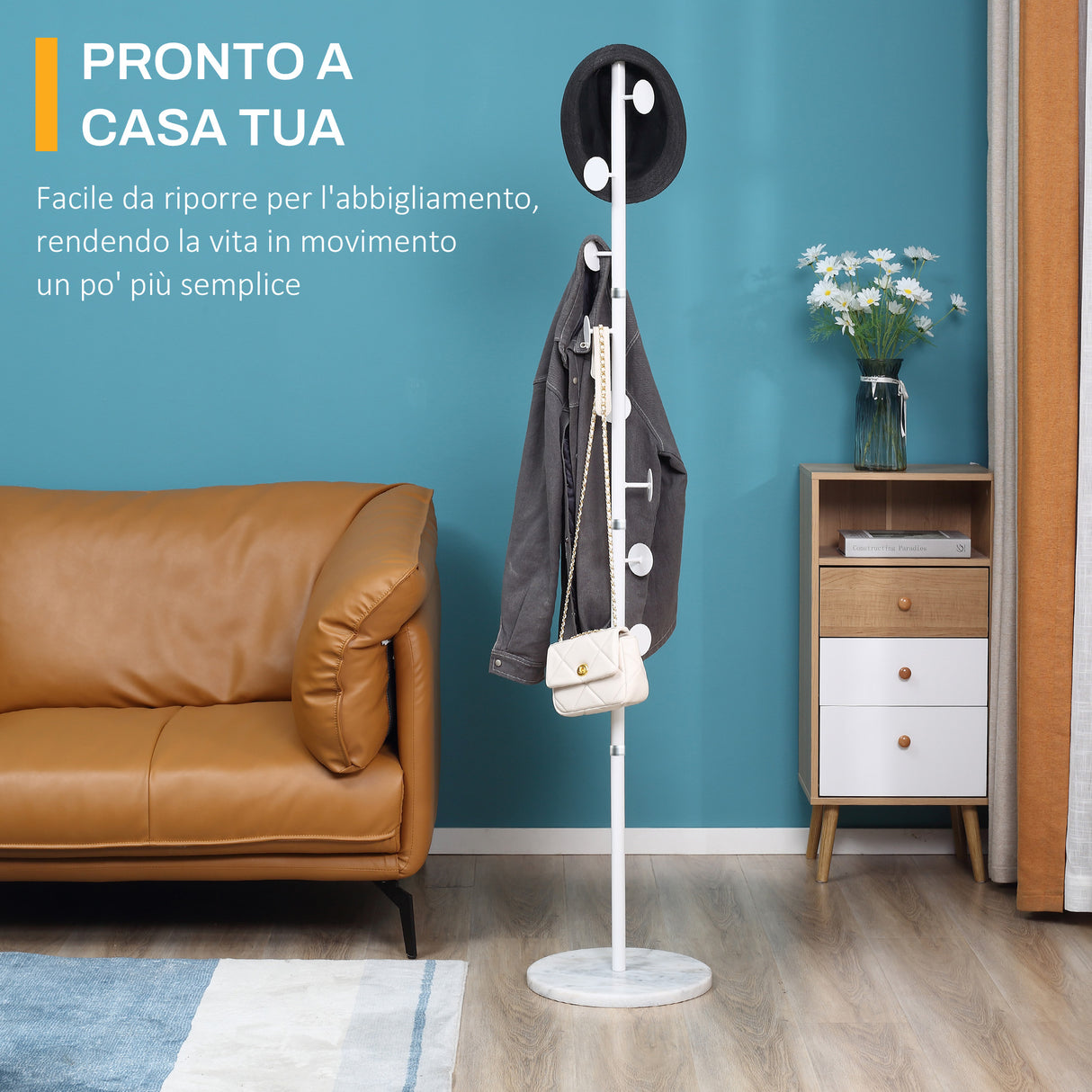 easycomfort easycomfort albero appendiabiti in acciaio con 8 ganci e base rotonda in marmo 35x35x170 cm bianco