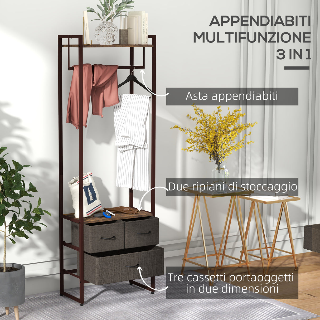 easycomfort easycomfort appendiabiti da terra con asta 3 cassetti e ripiani in legno mdf e acciaio 58 5x30x178 cm marrone