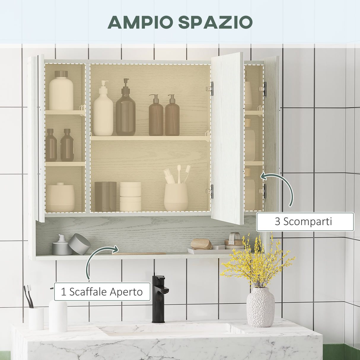 easycomfort easycomfort armadietto con specchio a 4 sezioni con ripiani regolabili specchiera bagno in legno e vetro 90x15x75 cm bianco