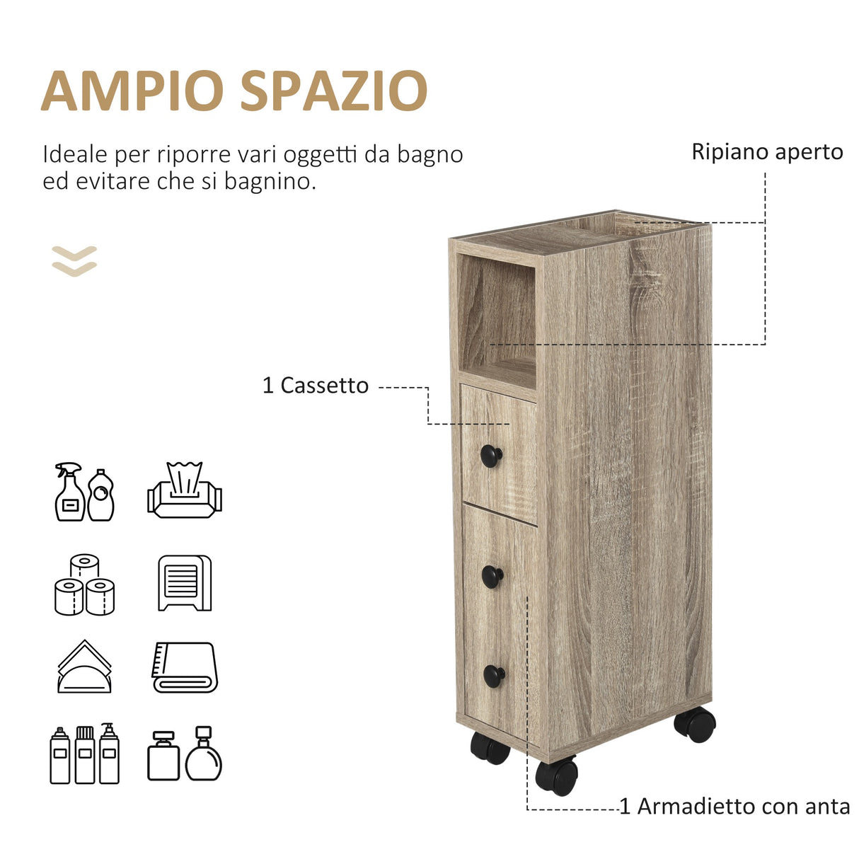 easycomfort easycomfort armadietto da bagno a colonna mobile bagno con 4 ruote 1 cassetto 1 armadietto con anta 2 armadietti aperti color rovere 18x30x68 5 cm ean 8054111841085