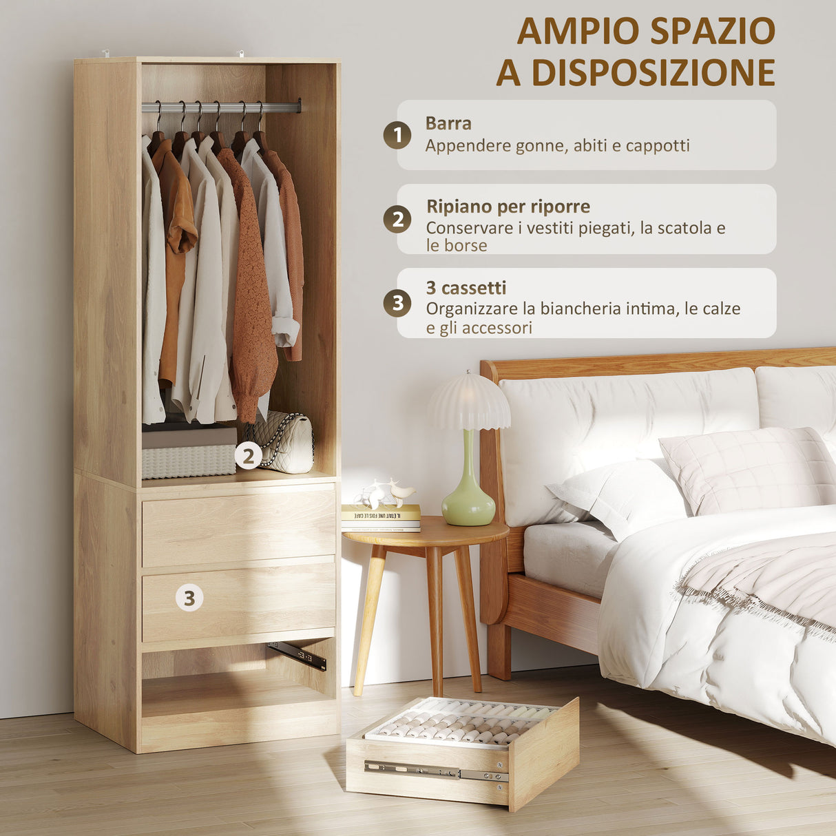 easycomfort easycomfort armadio guardaroba con asta appendiabiti ripiano aperto e 3 cassetti in legno 60x48 5x185 cm color teak