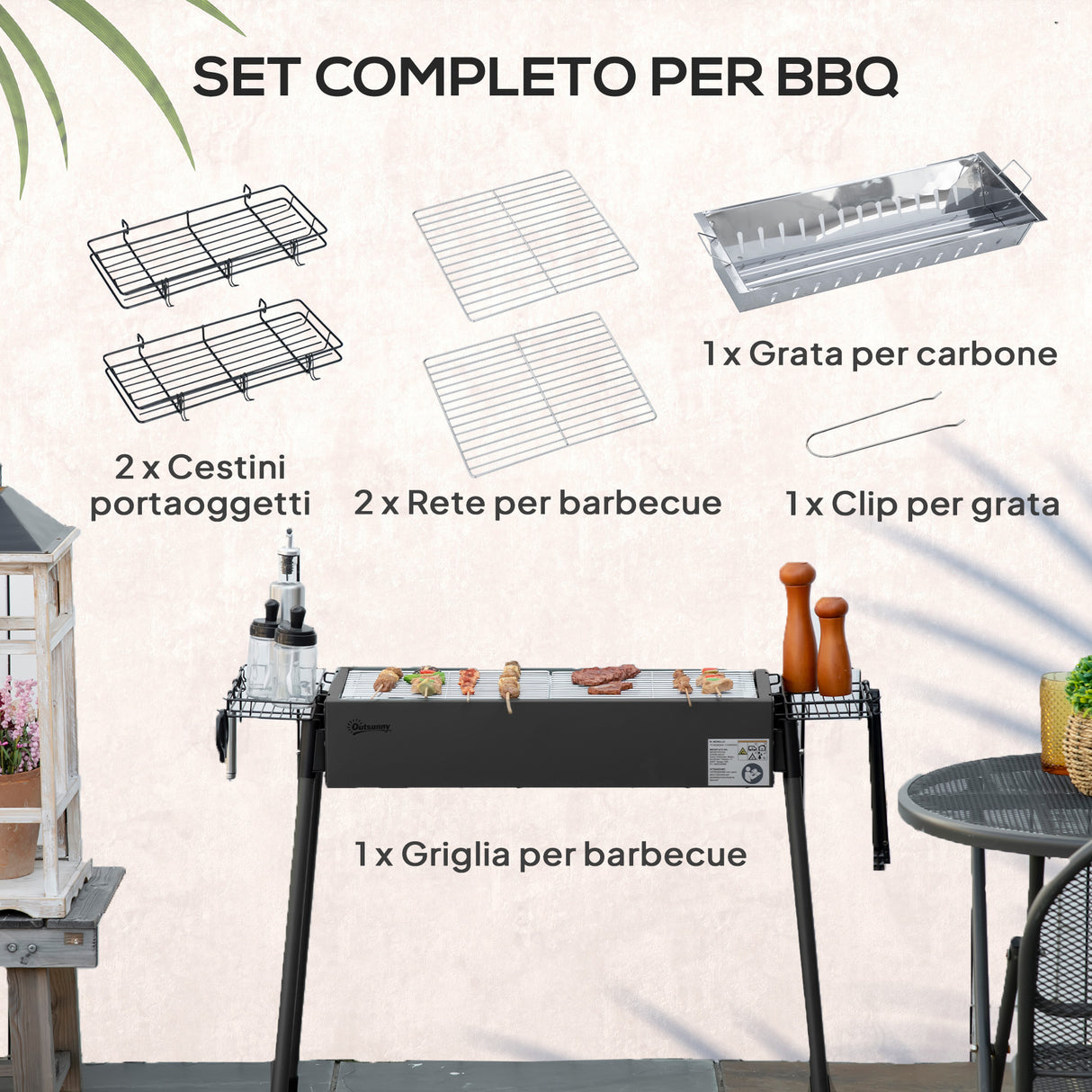 easycomfort easycomfort barbecue a carbonella con 2 griglie e cestini laterali 94x39x70cm nero