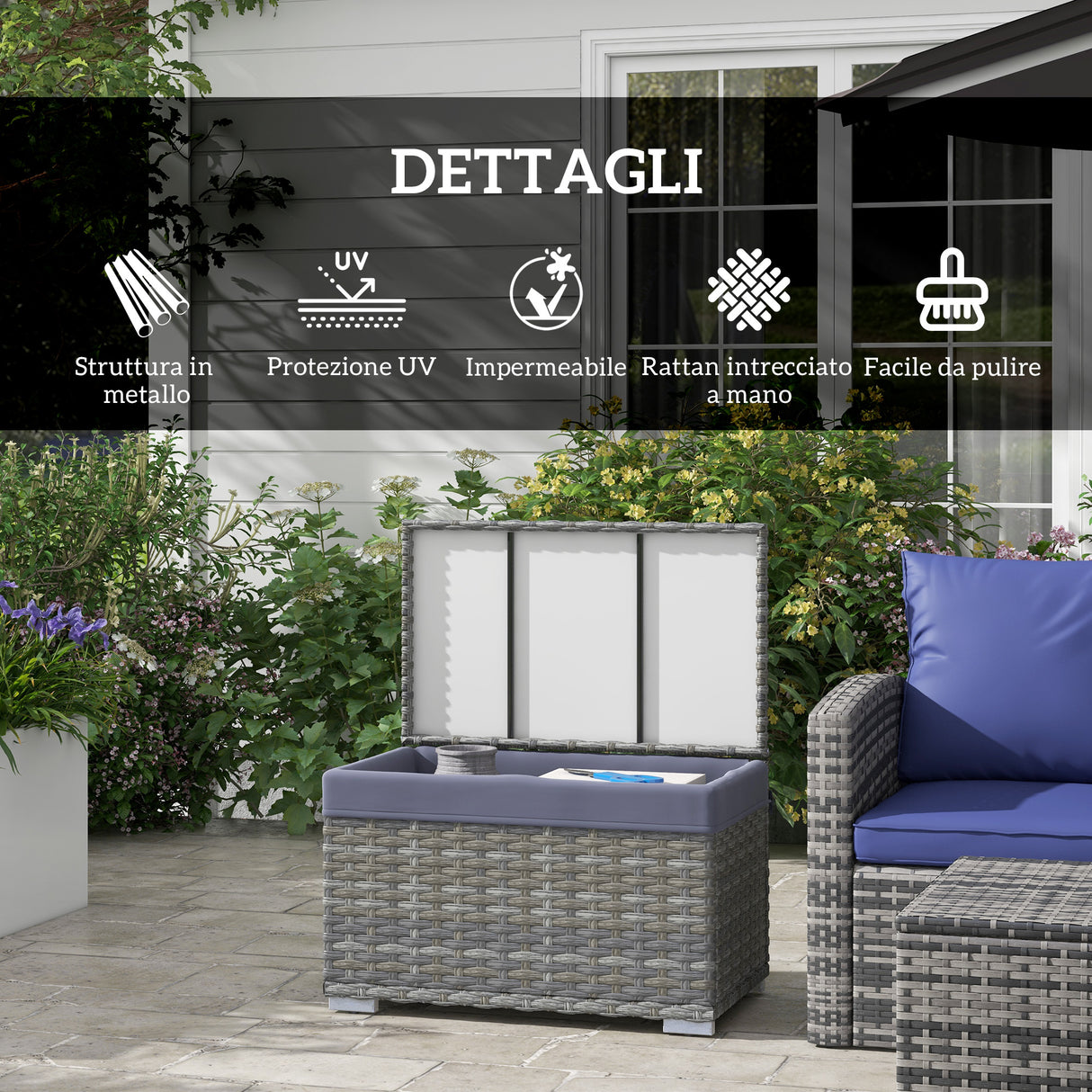 easycomfort easycomfort baule da giardino in rattan pe con rivestimento interno in tessuto impermeabile 76x45x48 cm grigio