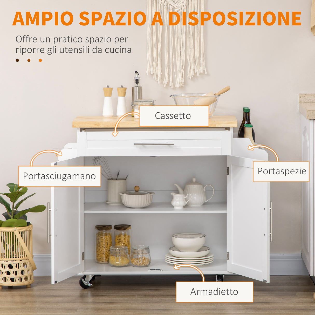 easycomfort easycomfort carrello da cucina con cassetto portaspezie armadietto e 4 ruote 109x40x89cm bianco