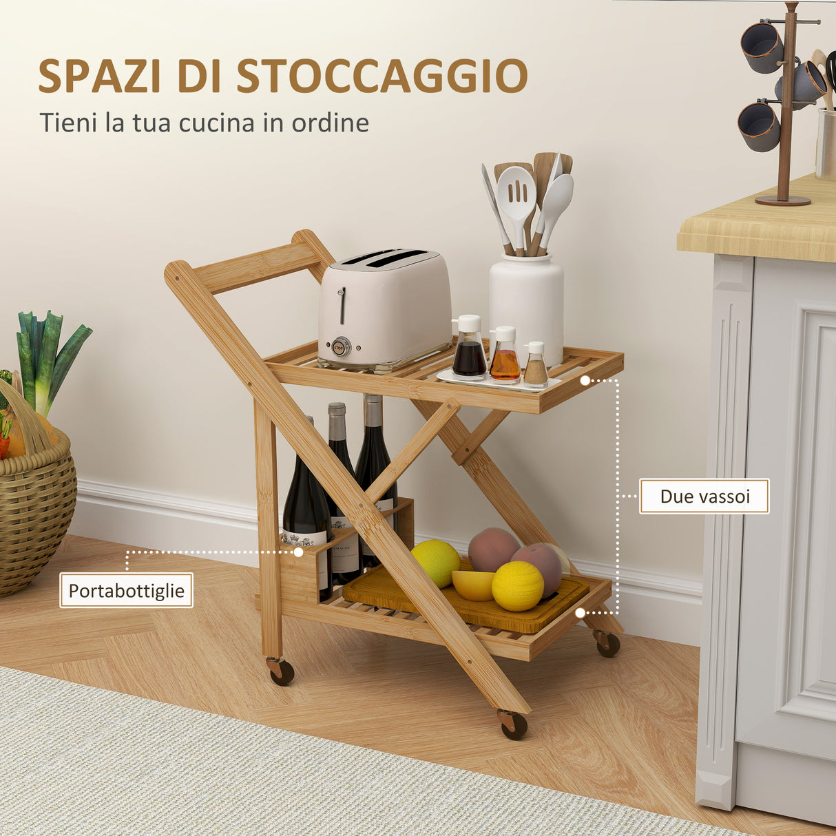 easycomfort easycomfort carrello da cucina portavivande pieghevole a 2 livelli con portabottiglie in legno di bambu