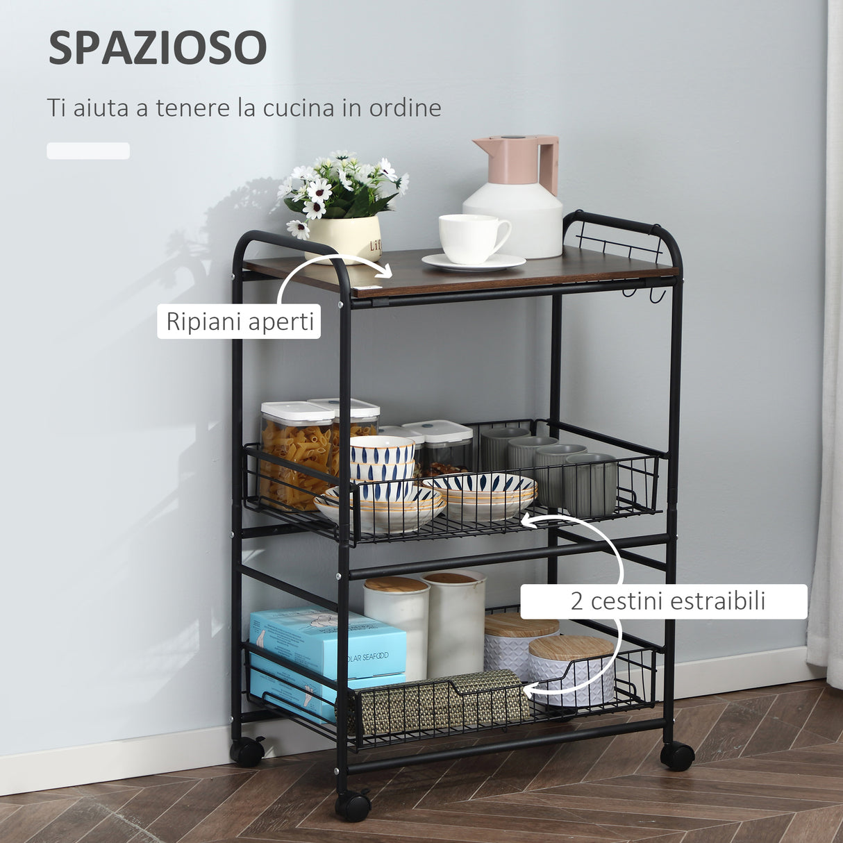 immagine-4-easycomfort-easycomfort-carrello-da-cucina-portavivande-stile-industriale-con-4-ruote-2-cestini-e-4-ganci-60x38x85-5cm-marronenero