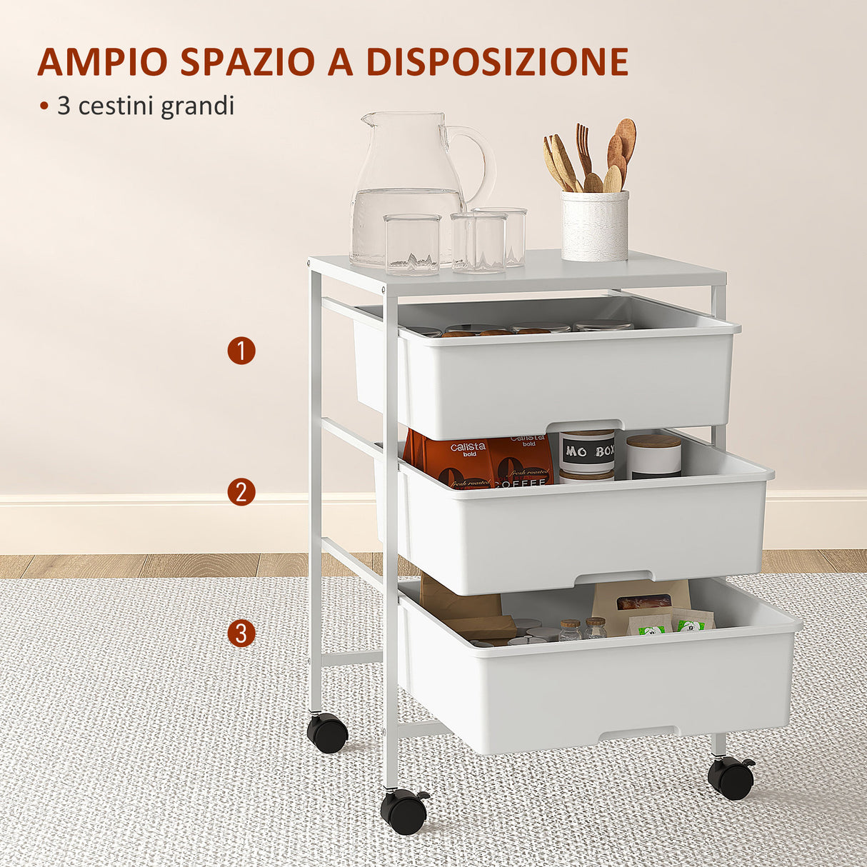 easycomfort easycomfort carrello multiuso con 3 cestini estraibili e ruote per cucina e ufficio in acciaio e pp bianco