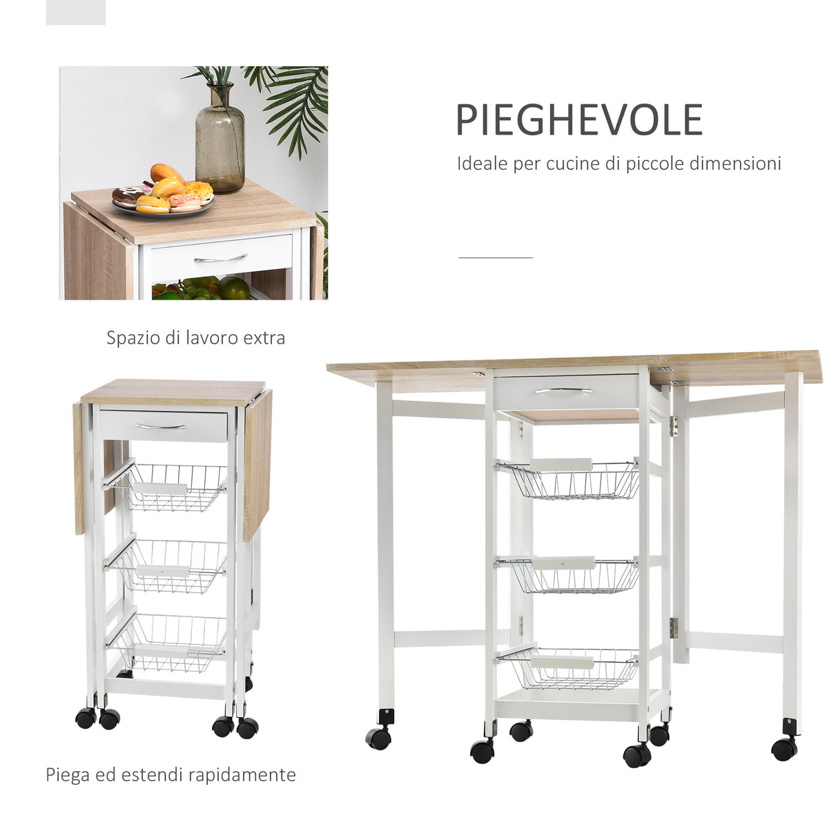 easycomfort easycomfort carrello portavivande pieghevole a 6 ruote con 3 cestini cassetto e 2 ribalte carrellino per cucina in mdf e metallo 37x37x77 5 cm bianco e legno