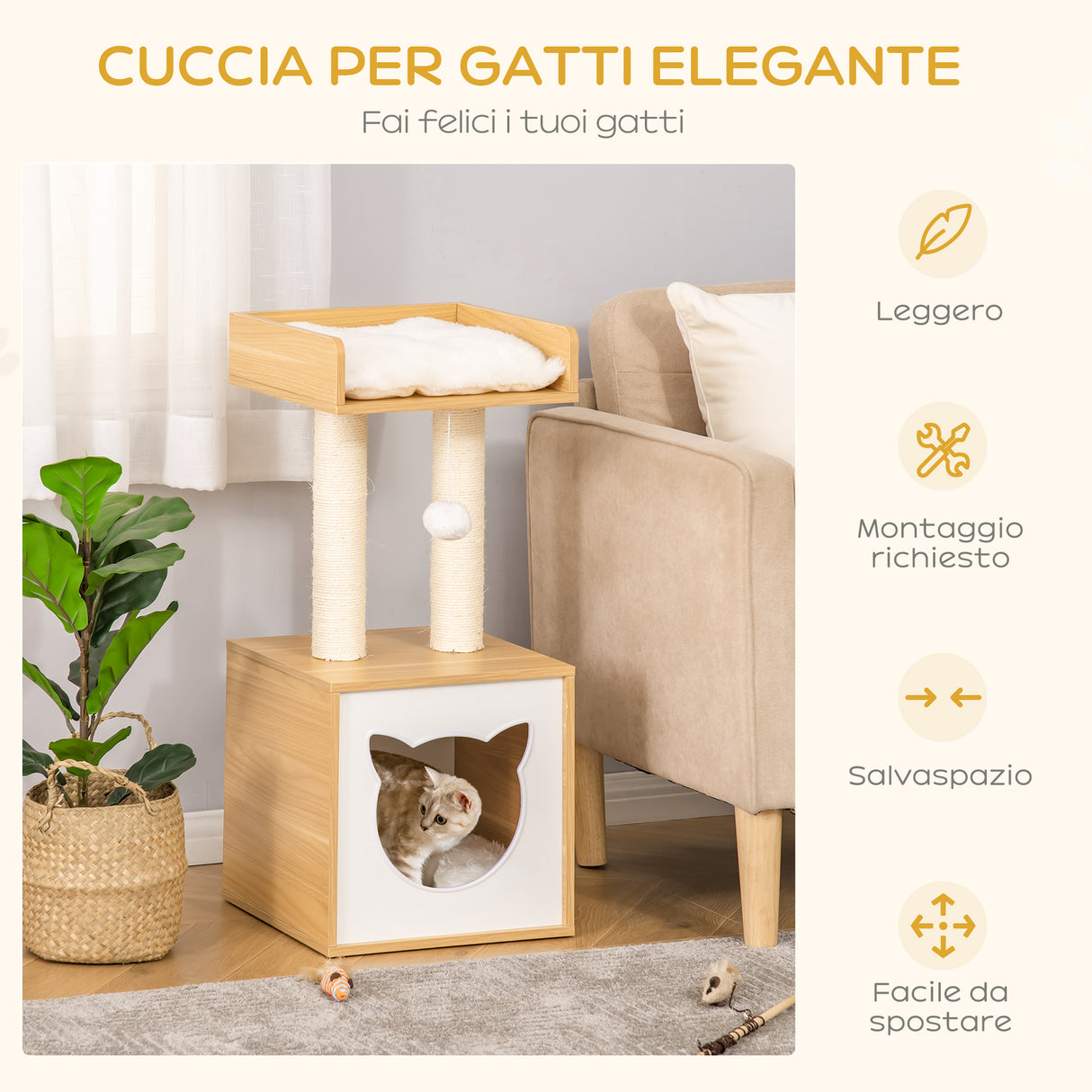 immagine-4-easycomfort-easycomfort-casetta-per-gatti-con-pali-tiragraffi-in-sisal-cuscini-lavabili-e-pallina-35x35x81cm-quercia