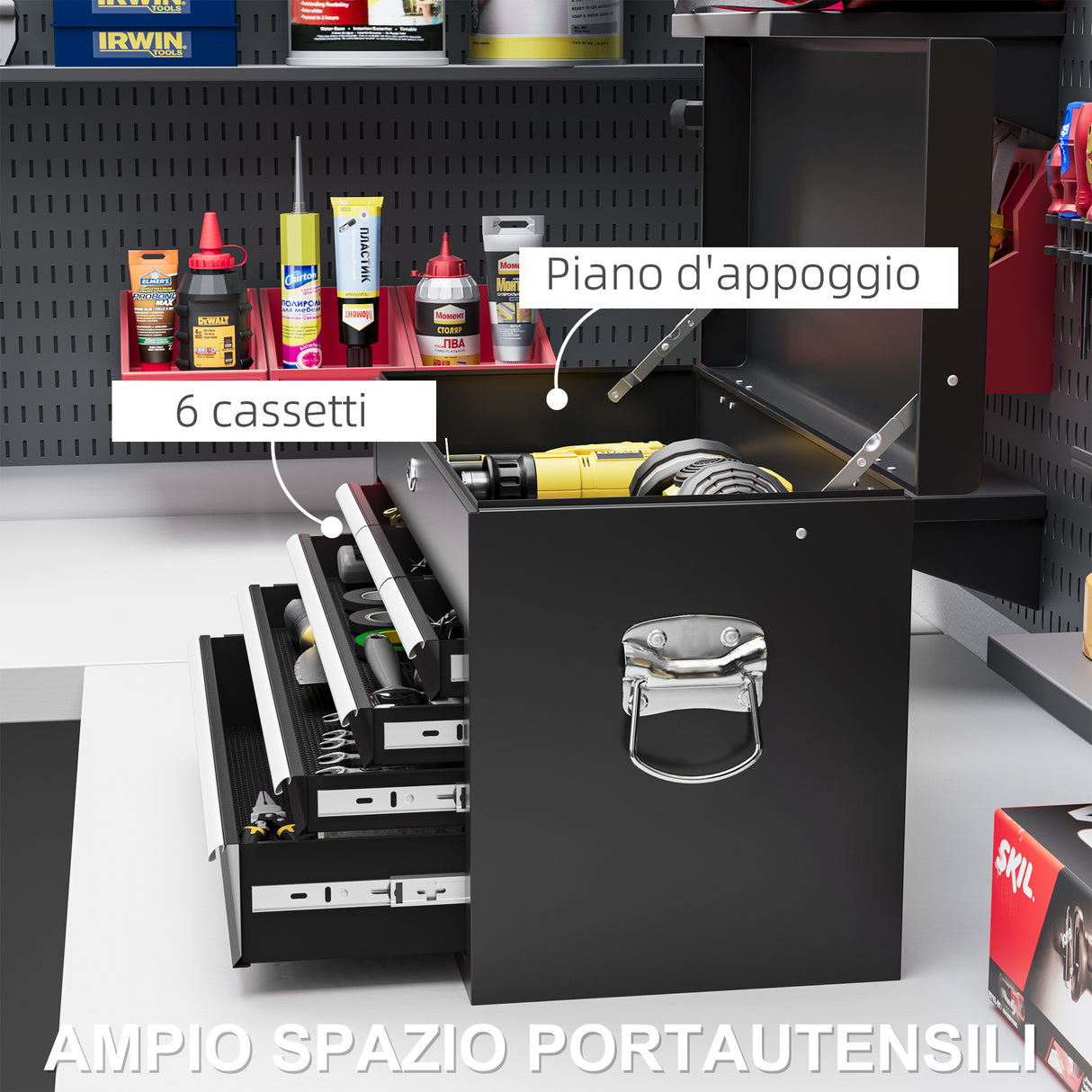 easycomfort easycomfort cassetta per attrezzi a 6 cassetti in acciaio con serratura 60x26x34cm nero