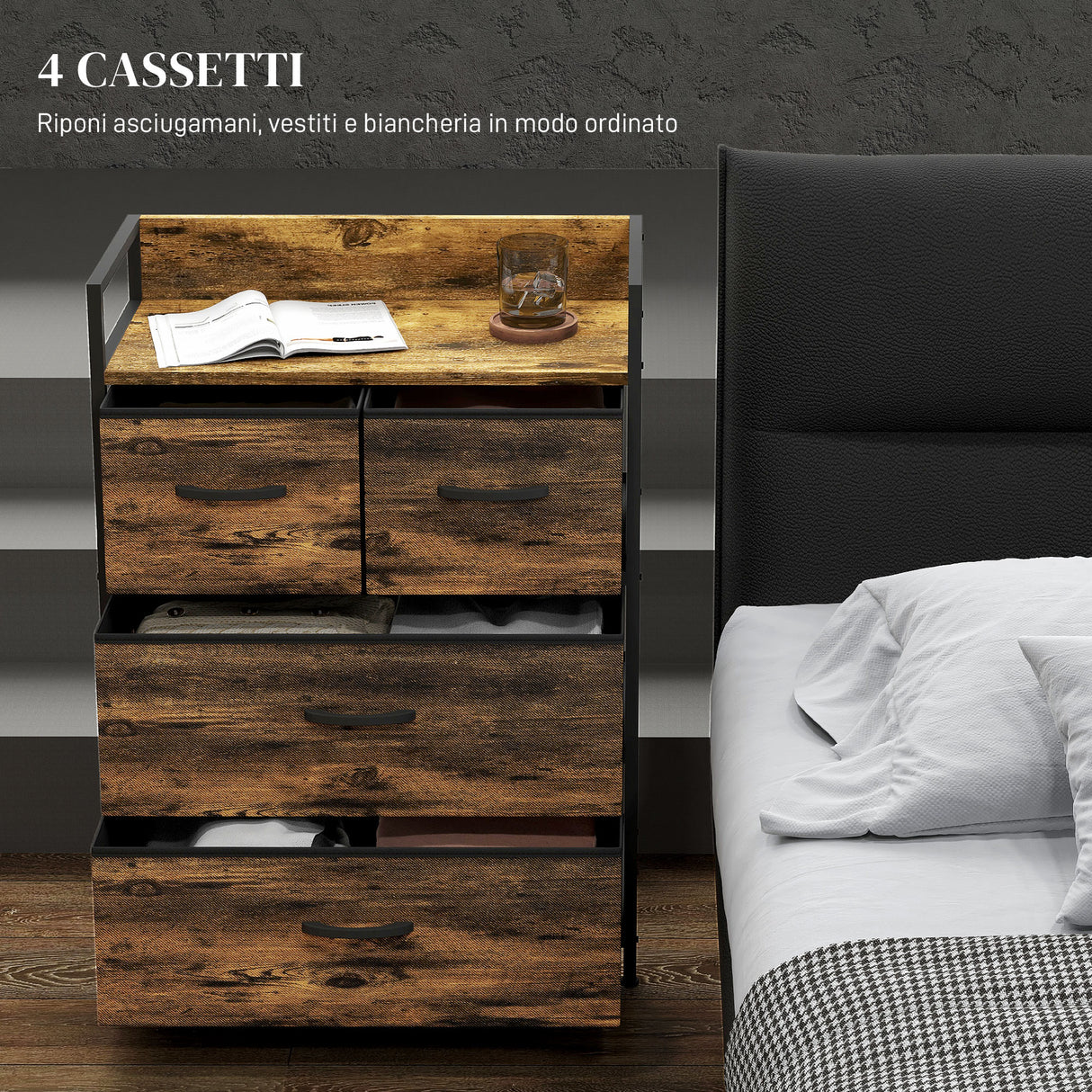 easycomfort easycomfort cassettiera 4 cassetti rimovibili dal design industriale in legno e acciaio 60x29x85 cm marrone e nero