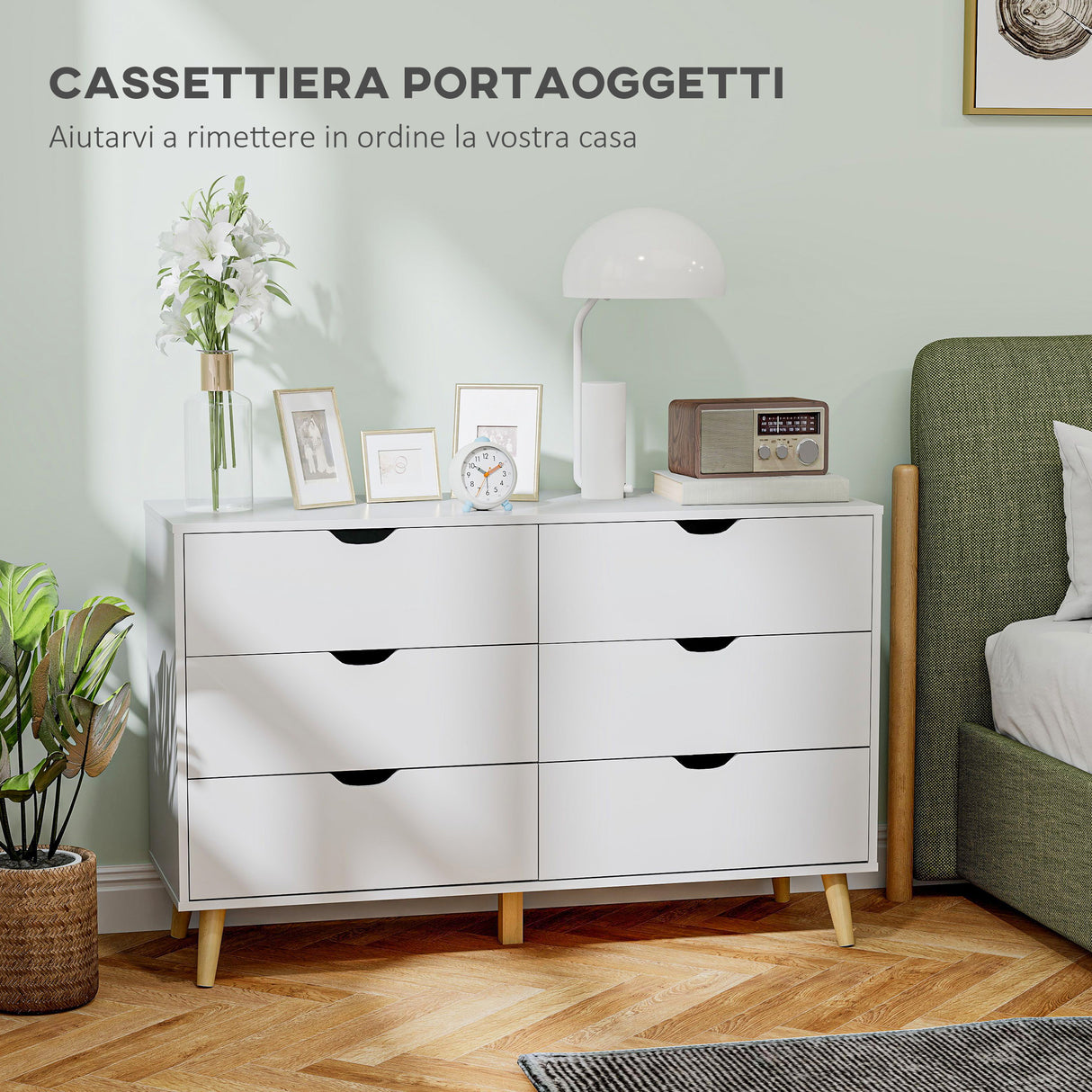 easycomfort easycomfort cassettiera 6 cassetti con maniglie laminate in legno di pino 120x40x76 cm bianca e color legno