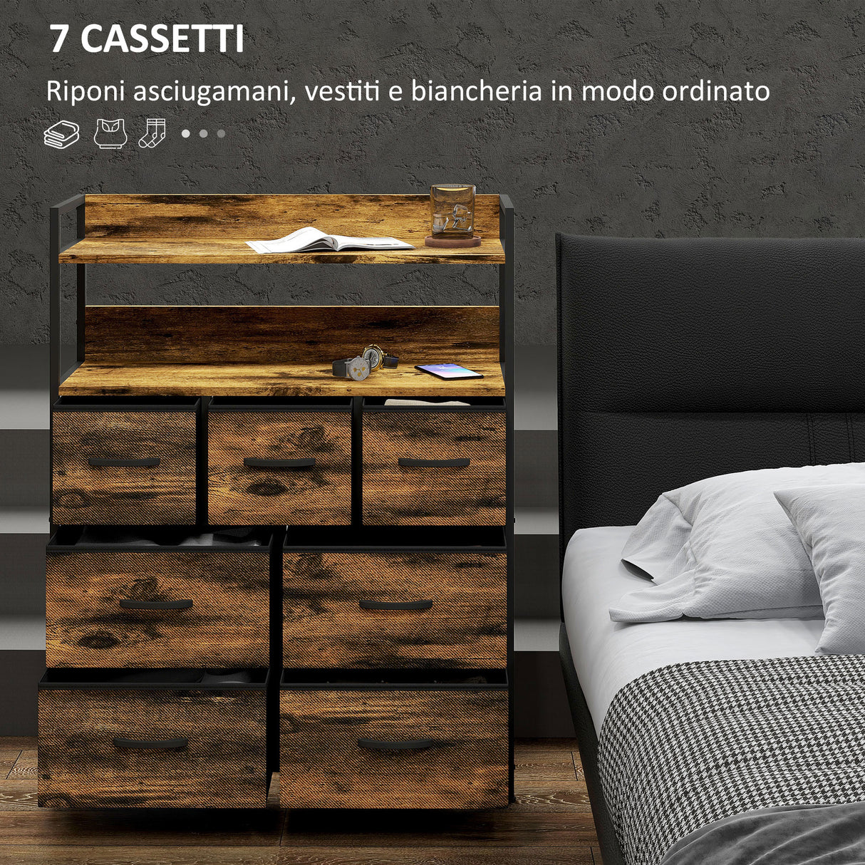 easycomfort easycomfort cassettiera 7 cassetti rimovibili con 2 ripiani industriale in legno e acciaio 79x29x101 cm marrone e nero
