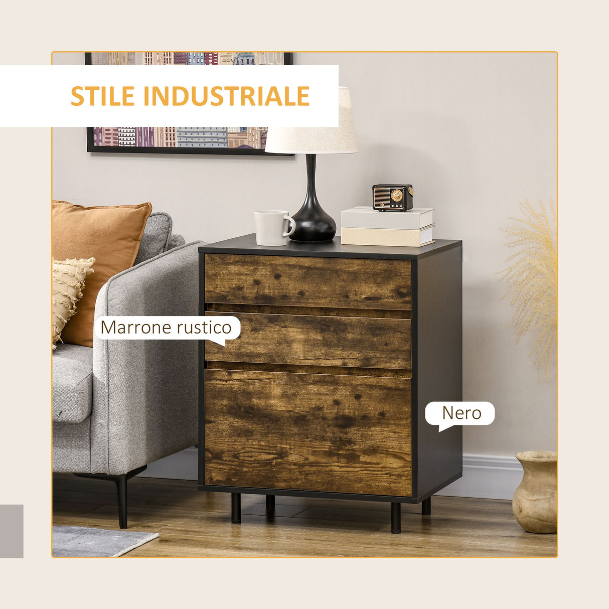 easycomfort easycomfort cassettiera con 3 cassetti in truciolato dallo stile rustico 60x45x75cm marrone e nero