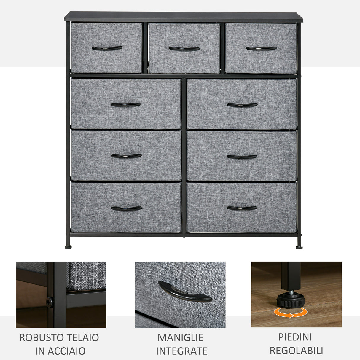 easycomfort easycomfort cassettiera con 9 cassetti in tessuto pieghevoli e struttura in acciaio e legno 100x30x100cm nero e grigio
