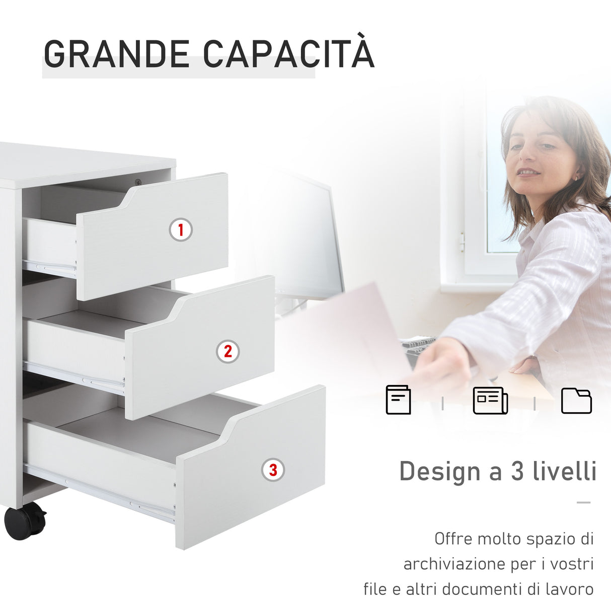 easycomfort easycomfort cassettiera da ufficio a 3 cassetti con maniglie a scomparsa in legno e metallo 40x50x57 5 cm bianco