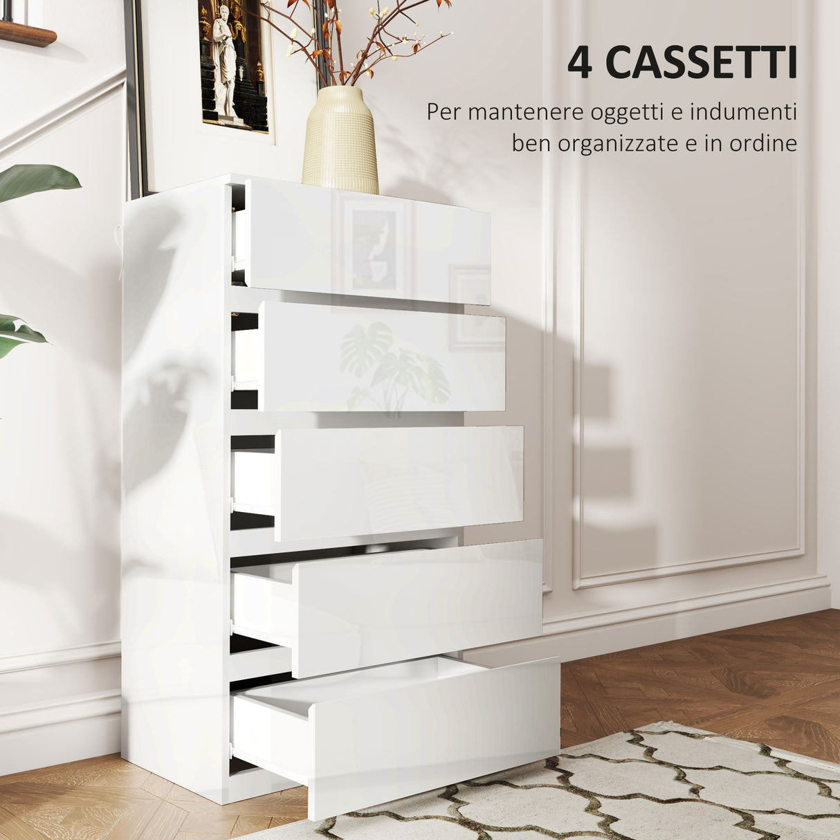 easycomfort easycomfort cassettiera moderna 5 cassetti antiribaltamento in legno 55x33x100 cm bianco lucido