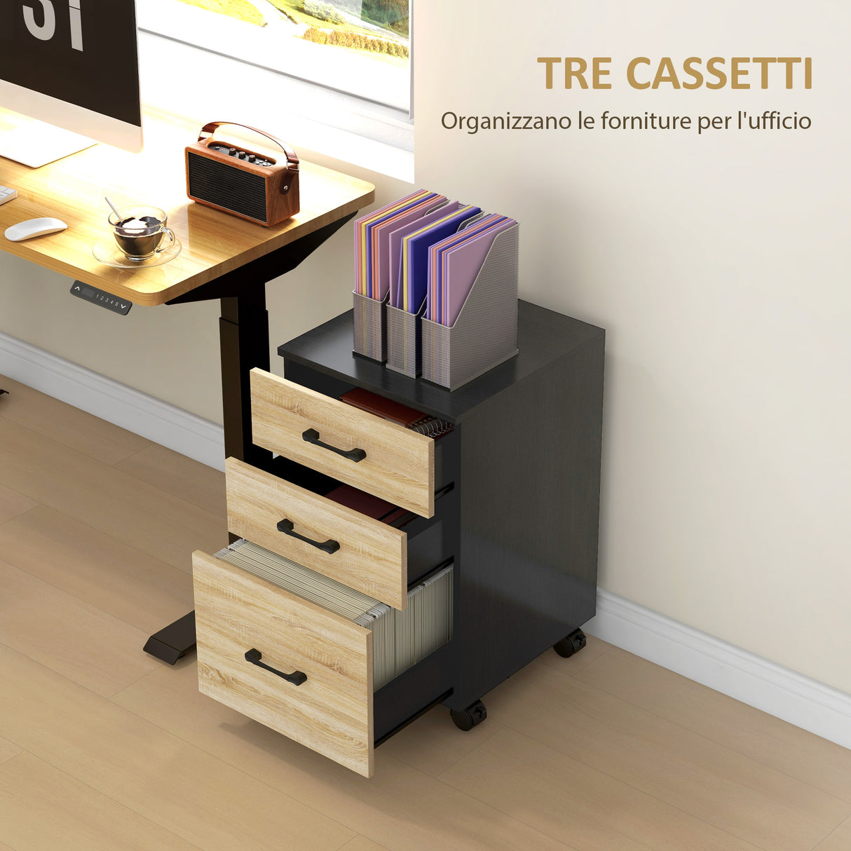 easycomfort easycomfort cassettiera ufficio con 3 cassetti e ruote portadocumenti con barre regolabili rovere e nero
