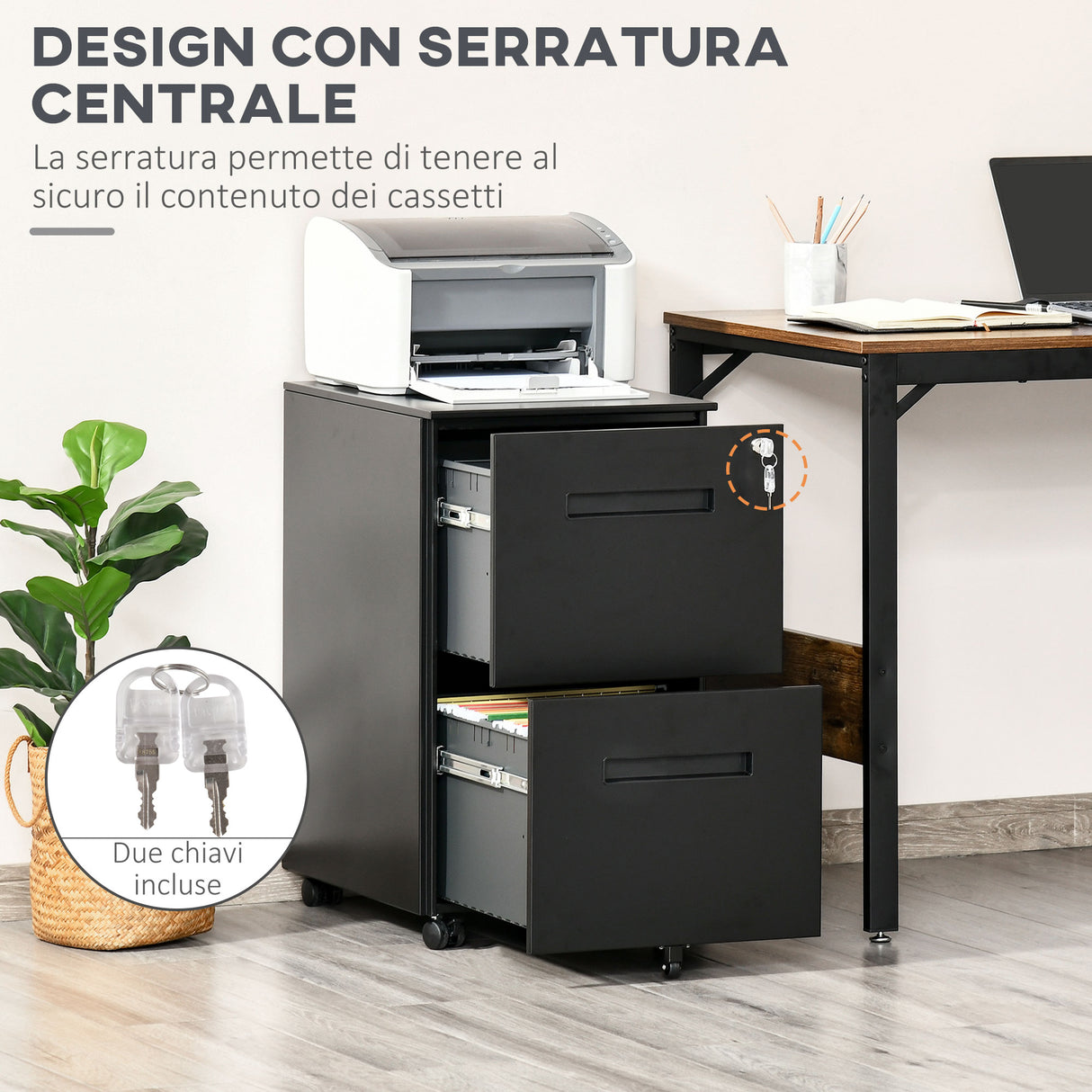 immagine-4-easycomfort-easycomfort-cassettiera-ufficio-con-ruote-schedario-portadocumenti-a-2-cassetti-con-serratura-e-2-chiavi-in-acciaio-39x48x67cm-nero