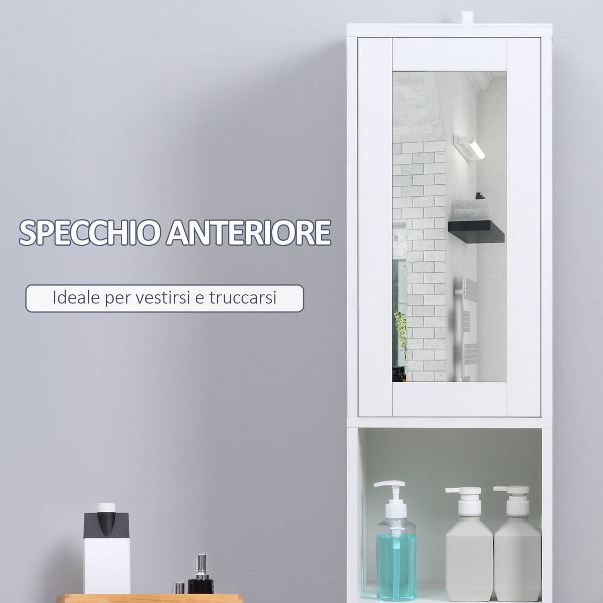 easycomfort easycomfort colonna bagno salvaspazio in legno con specchio e apertura a pressione 30x28x170cm bianco