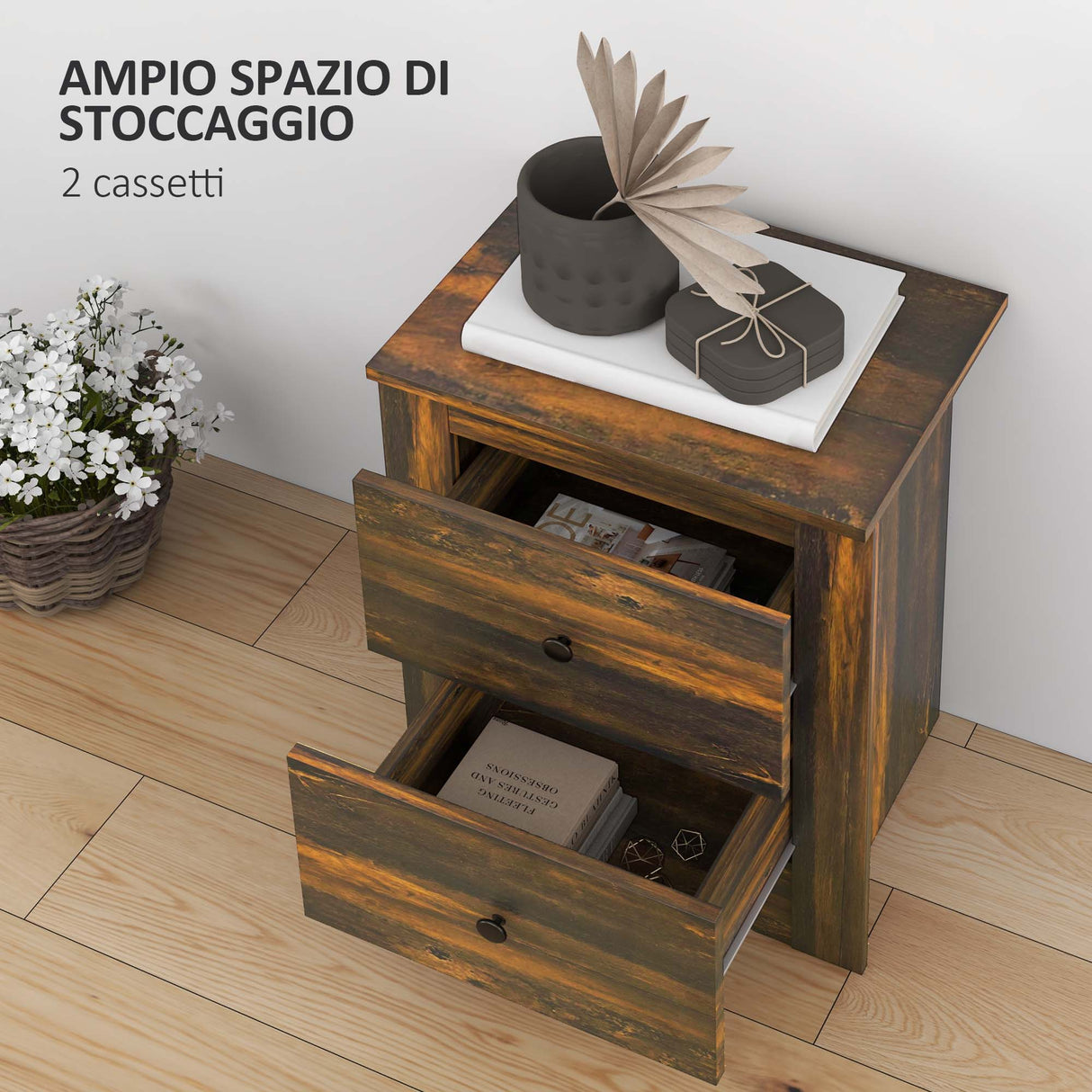 easycomfort easycomfort comodino con 2 cassetti dallo stile rustico in legno 40x30x56 cm marrone