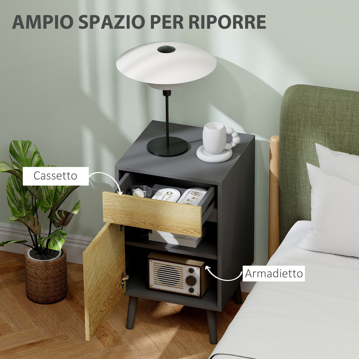 easycomfort easycomfort comodino con cassetto e armadietto moderno senza maniglie 40x39x69 cm grigio scuro e legno