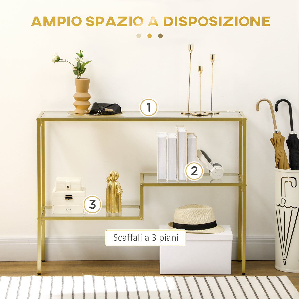 easycomfort easycomfort consolle da ingresso a 3 ripiani in acciaio e vetro temperato 100x32x76 cm oro