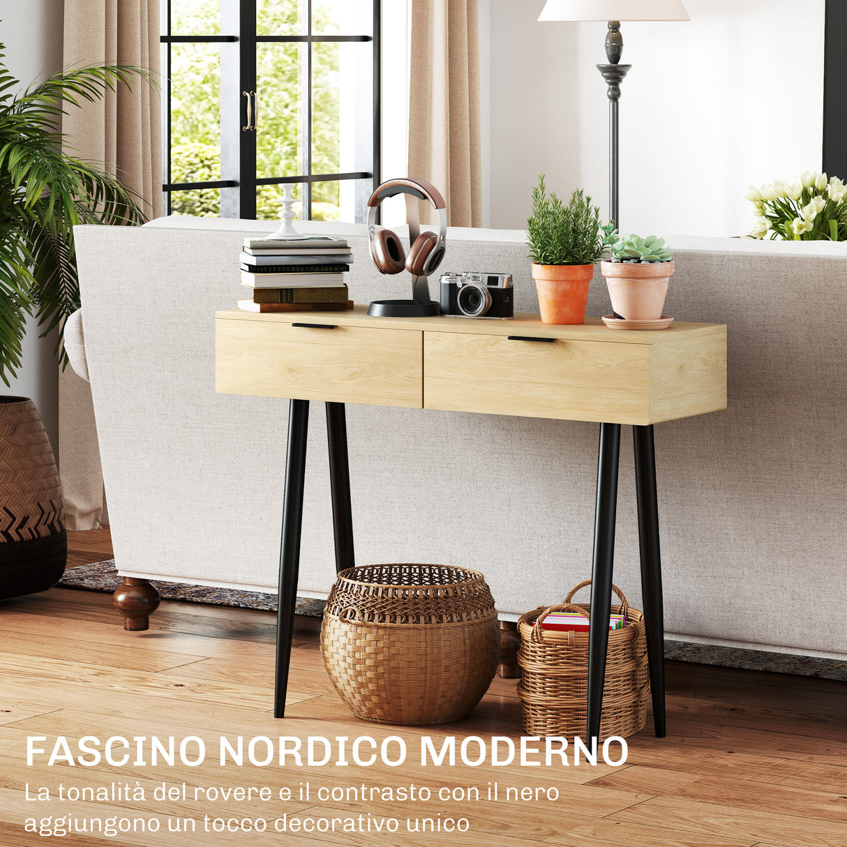 easycomfort easycomfort consolle da ingresso in stile nordico con 2 cassetti in legno e acciaio 100x30x80 5 cm rovere