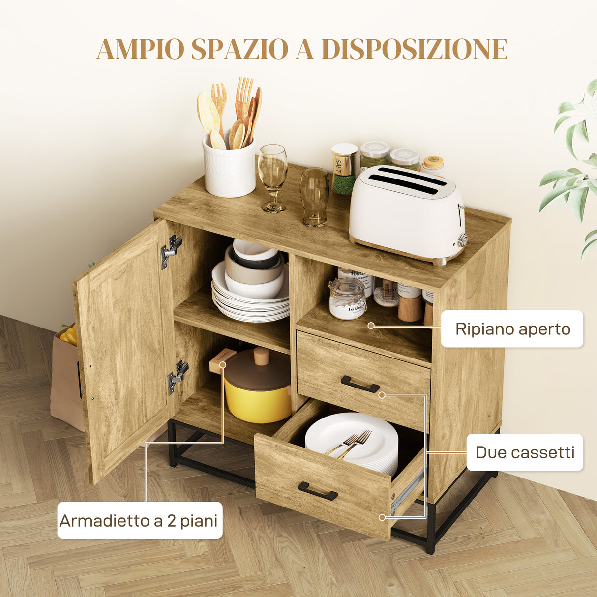 easycomfort easycomfort credenza moderna con 2 cassetti armadietto regolabile e ripiano aperto in legno e acciaio 80x40x78 cm marrone