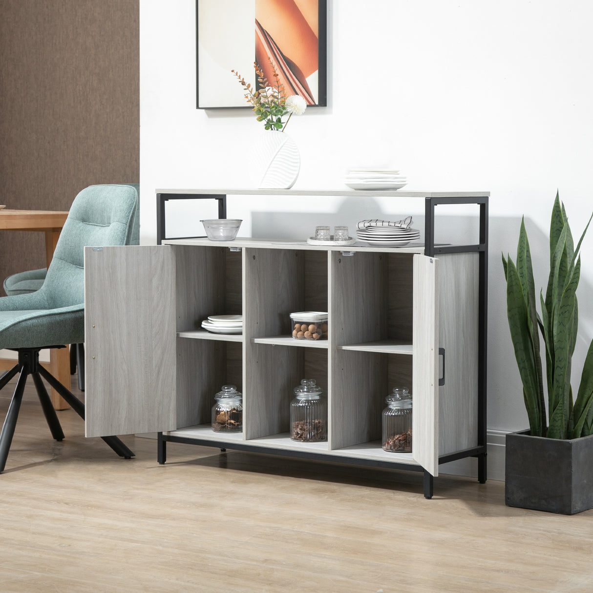 immagine-4-easycomfort-easycomfort-credenza-moderna-in-legno-con-2-armadietti-e-ripiani-mobile-cucina-e-per-ingresso-grigio-chiaro-100x34x87-2cm