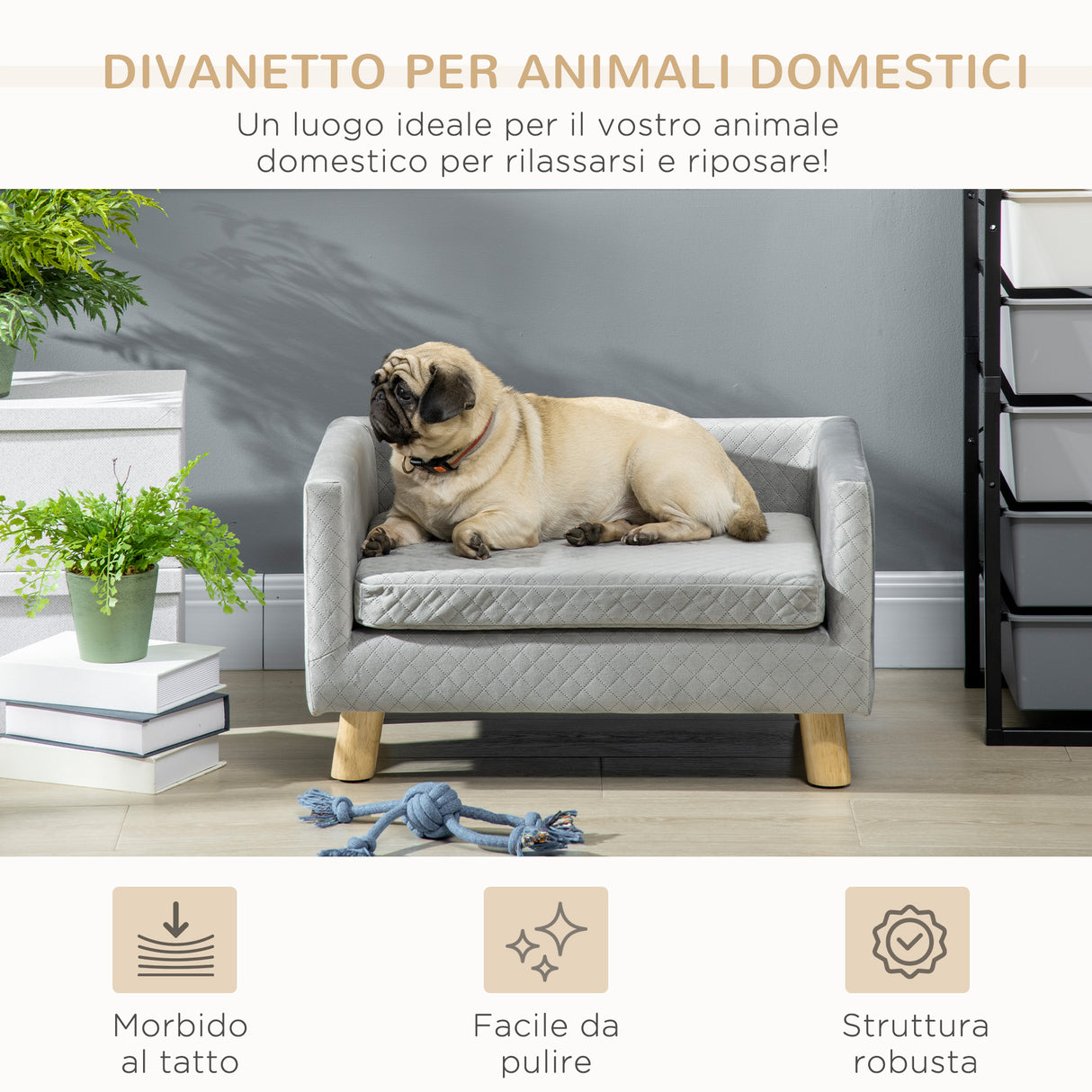 easycomfort easycomfort divanetto per cani e gatti stile scandinavo con cuscino imbottito in velluto e legno 64x45x36cm grigio